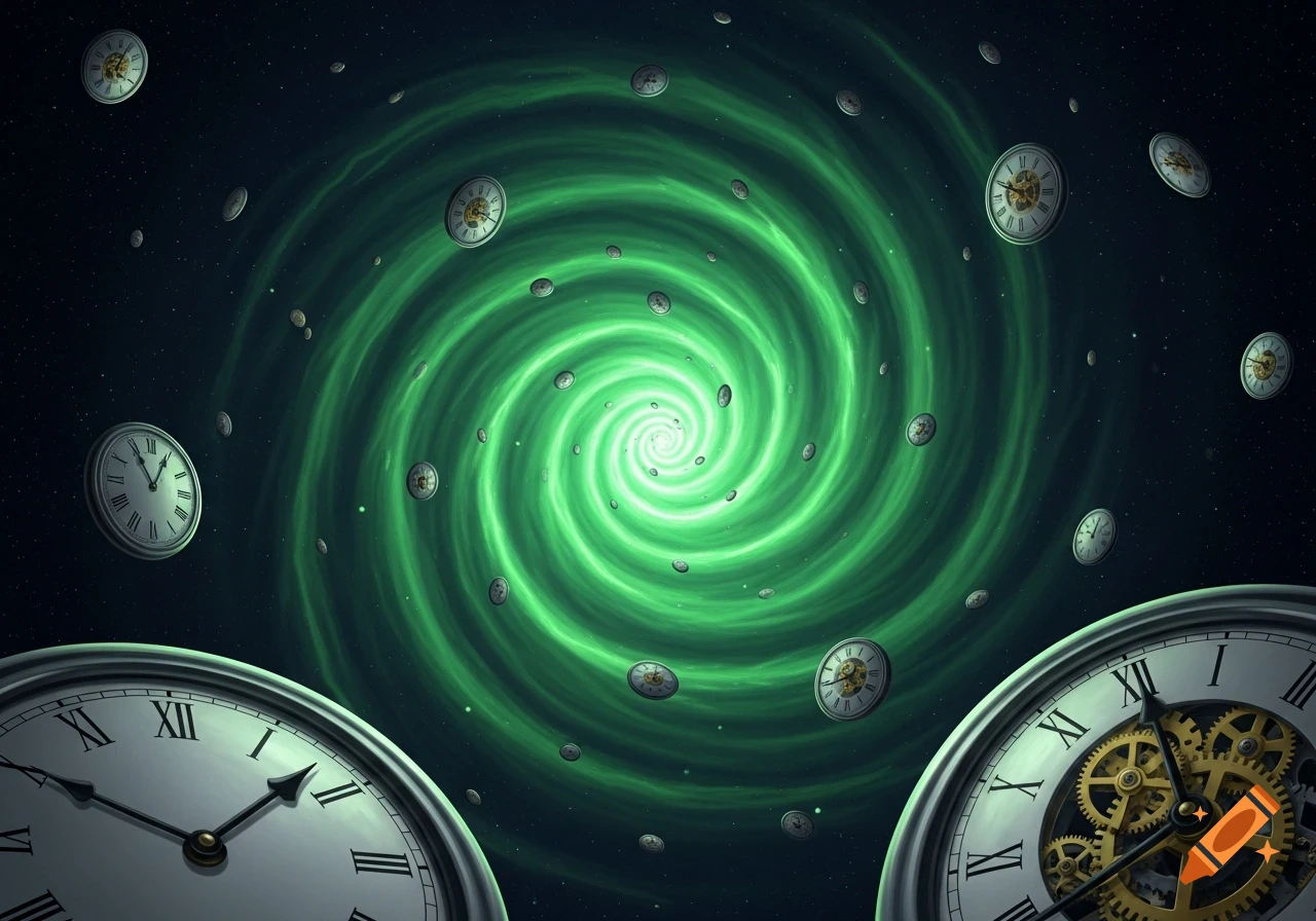 Numerous clocks with Roman numerals float around a swirling green cosmic vortex in a dark starry space.