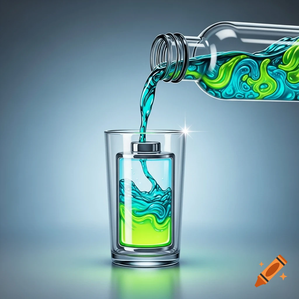 A glass shaped like a battery being filled with vibrant green and blue liquid from a bottle.