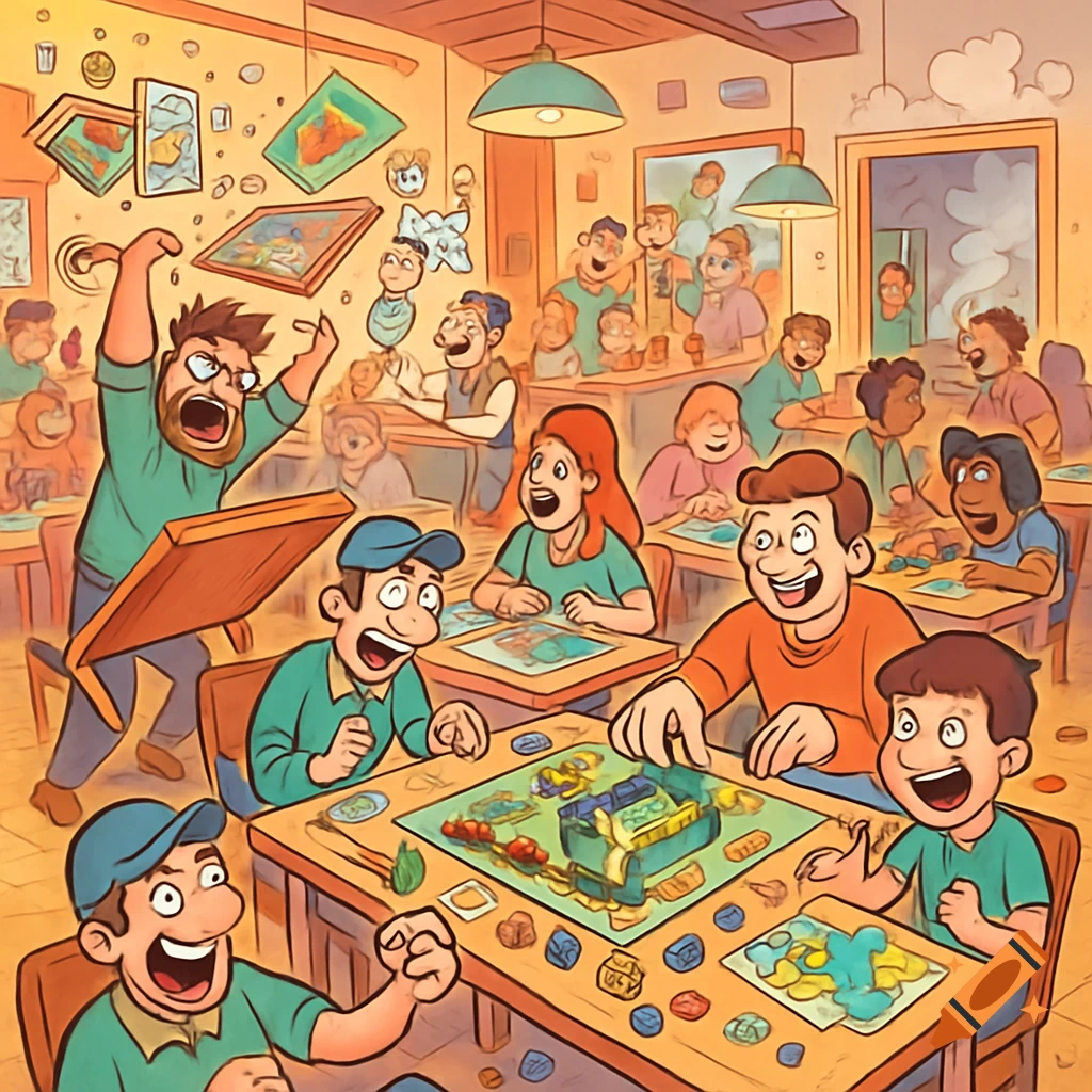 Humorous comic illustration of a chaotic board game cafe, with a man flipping a table and others playing loudly.