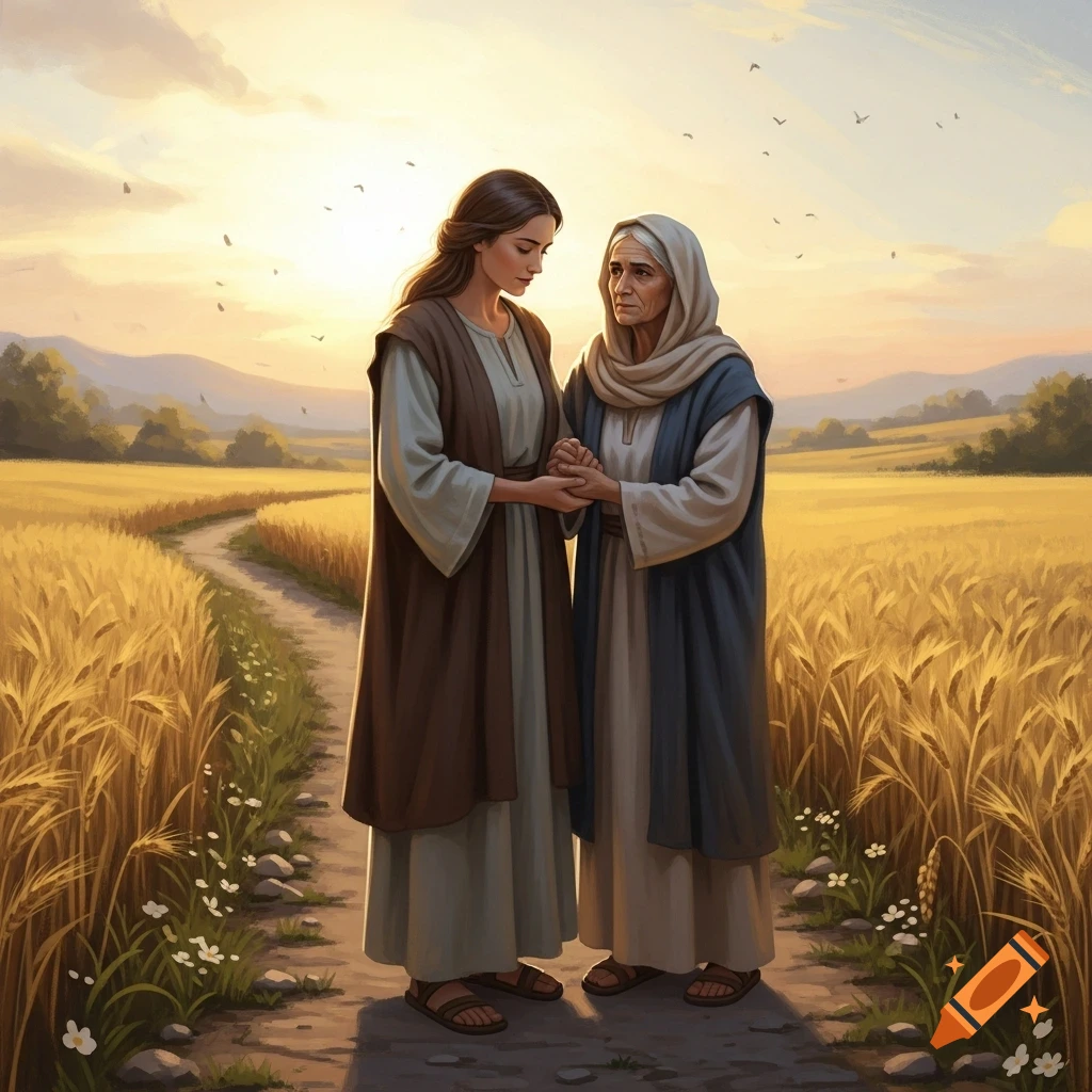 A young woman and an older woman hold hands on a path through a golden wheat field at sunset.