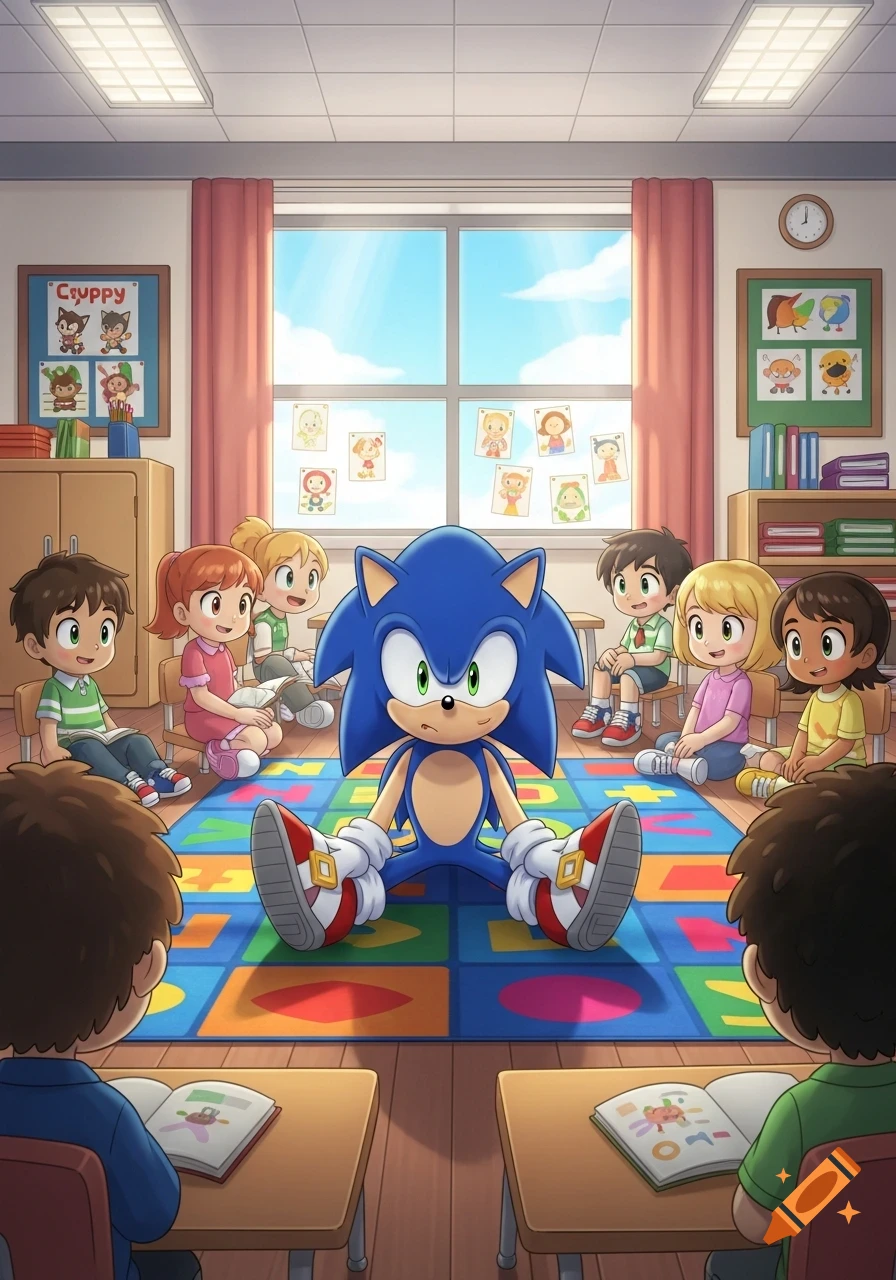 Sonic the Hedgehog sits criss-cross applesauce on a colorful alphabet rug in a kindergarten classroom, surrounded by diverse young children.