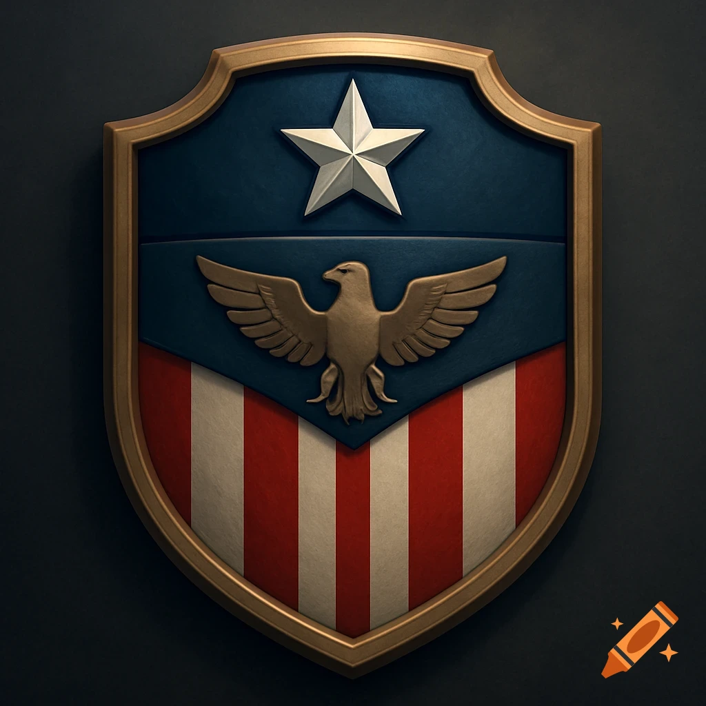 A stylized gold-bordered shield with a white star on a blue top, a bronze eagle in the middle, and red and white stripes below.