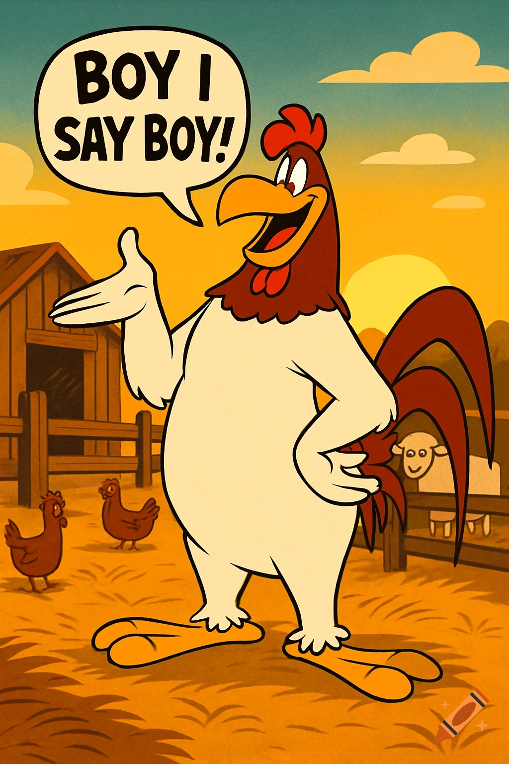 A cartoon rooster, Foghorn Leghorn, stands on a farm saying, 'Boy I say boy!'