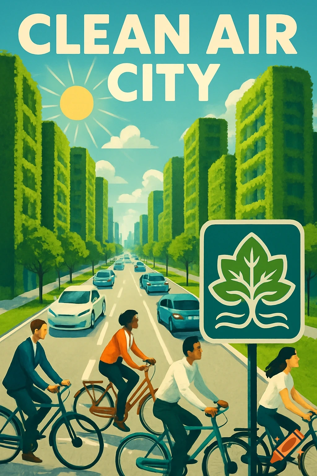Stylized poster of a clean air city with green buildings, a sunny sky, cyclists, and cars, featuring the text 'CLEAN AIR CITY'.