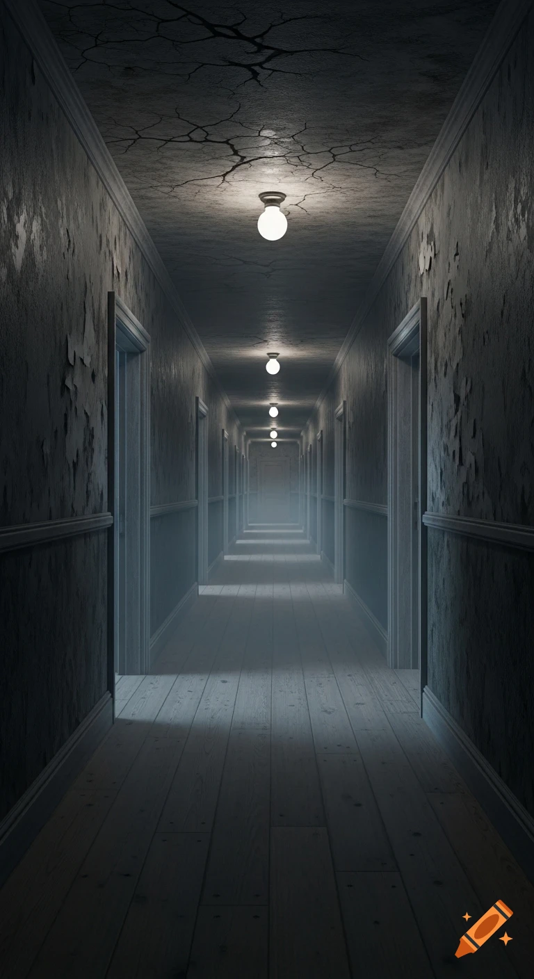 A long, dark, eerie hallway with peeling walls, cracked ceiling, wooden floor, and a series of glowing lights fading into fog. Photorealistic.