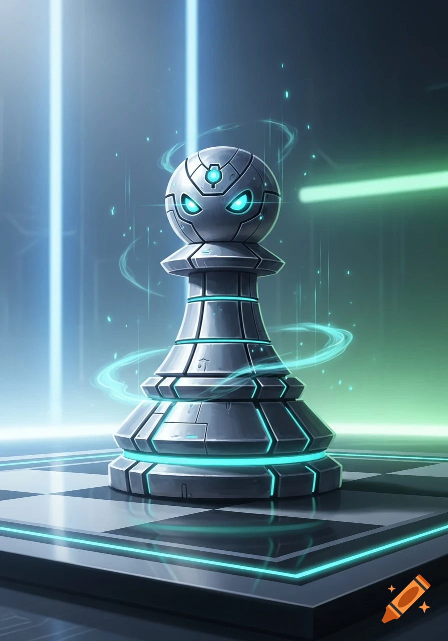 A futuristic robot chess pawn with glowing blue eyes and accents stands on a reflective chessboard, surrounded by light beams.
