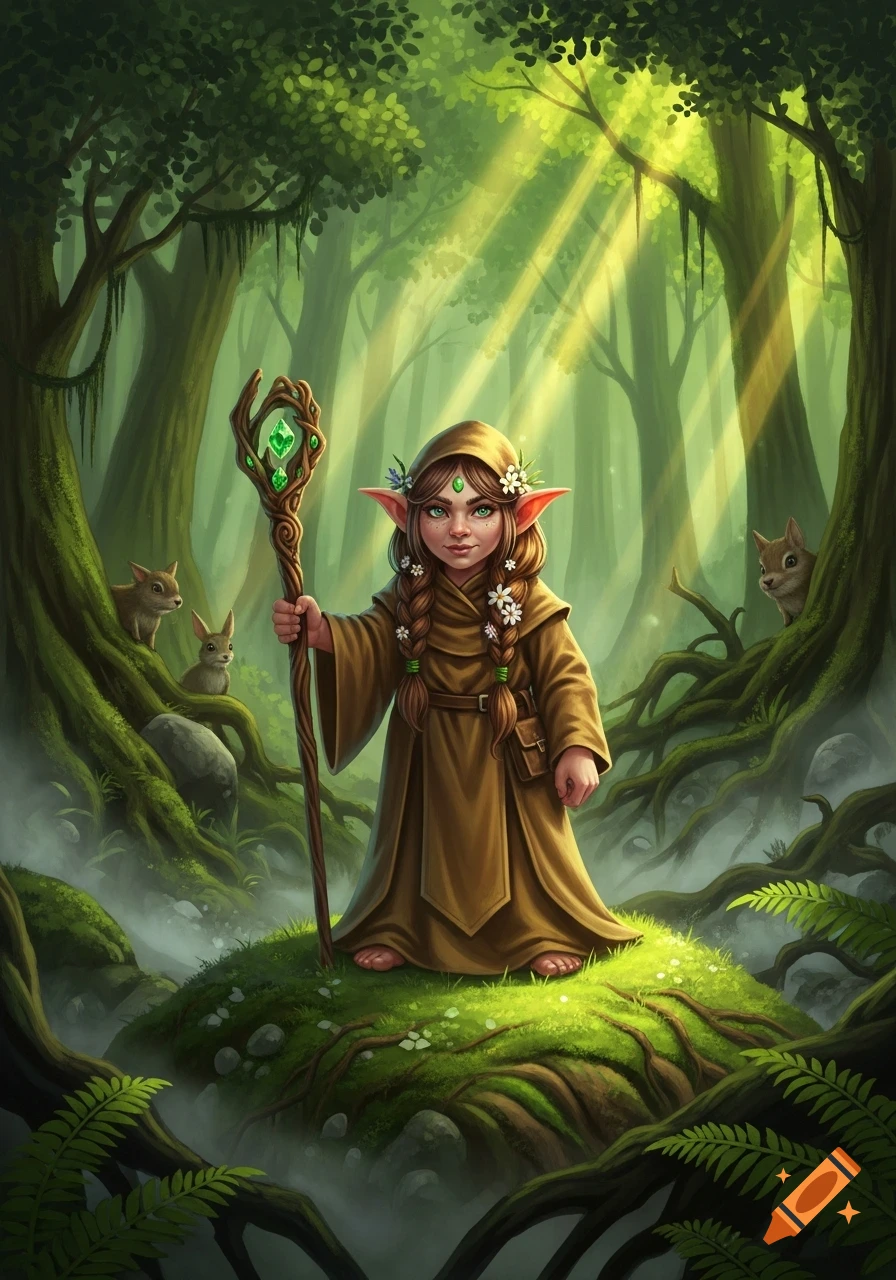 A female gnome in a hooded robe holds a staff, standing on a mossy hill in a sunlit fantasy forest with small forest animals.