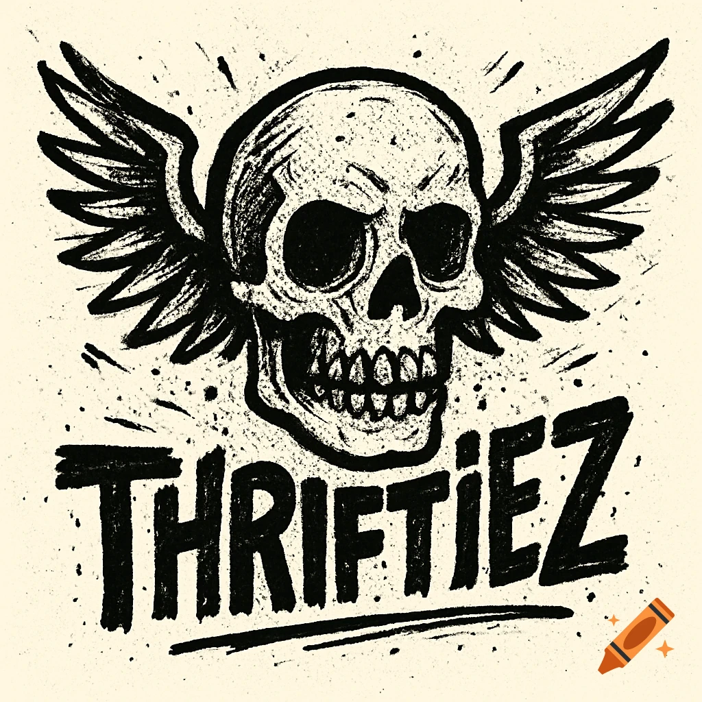 A grunge-style black and white logo featuring a winged skull above the word 'THRIFTIEZ'.