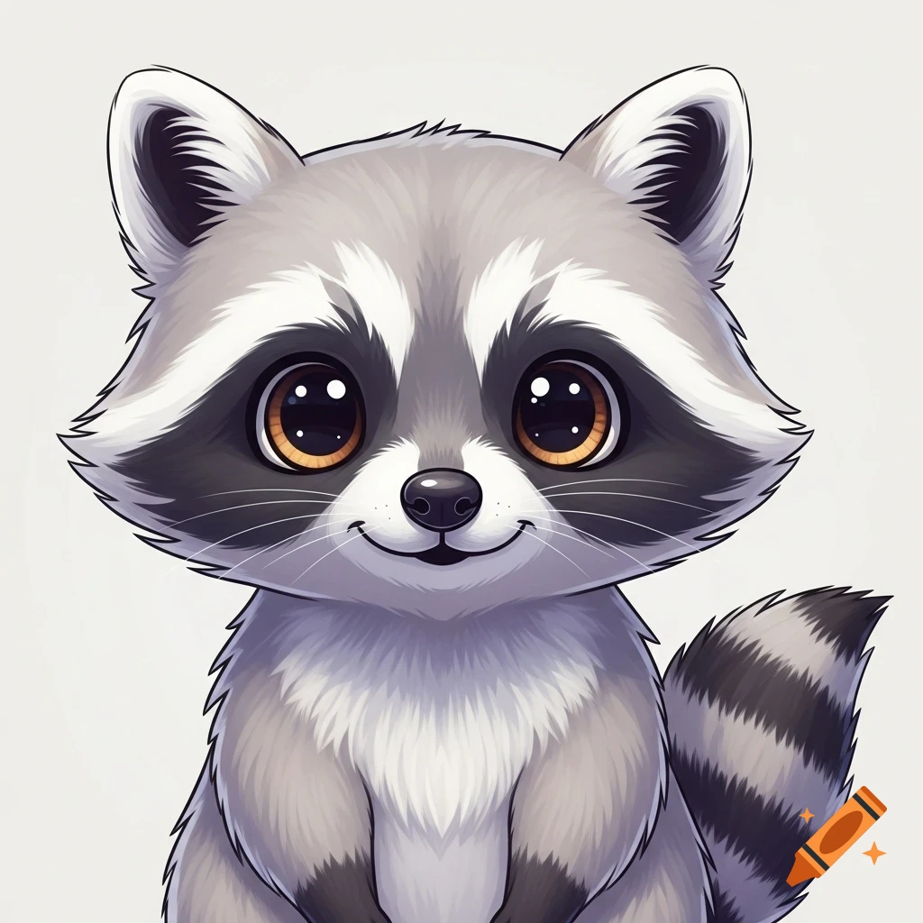 A cute cartoon-style raccoon with large, expressive eyes, fluffy gray and black fur, and a friendly smile, looking directly at the viewer.