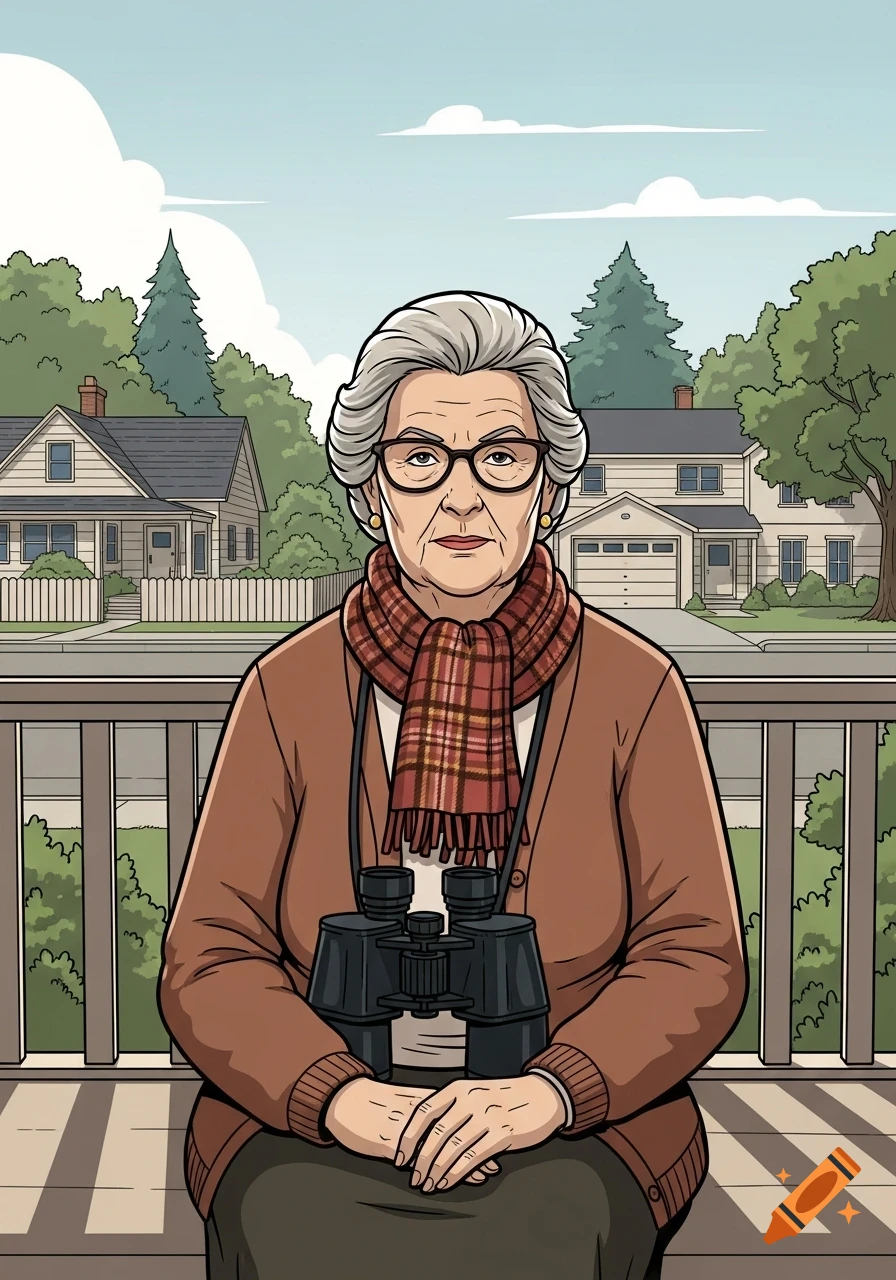 An elderly woman with gray hair, glasses, a brown cardigan, and a plaid scarf sits holding binoculars in front of a suburban neighborhood, drawn in a graphic novel style.