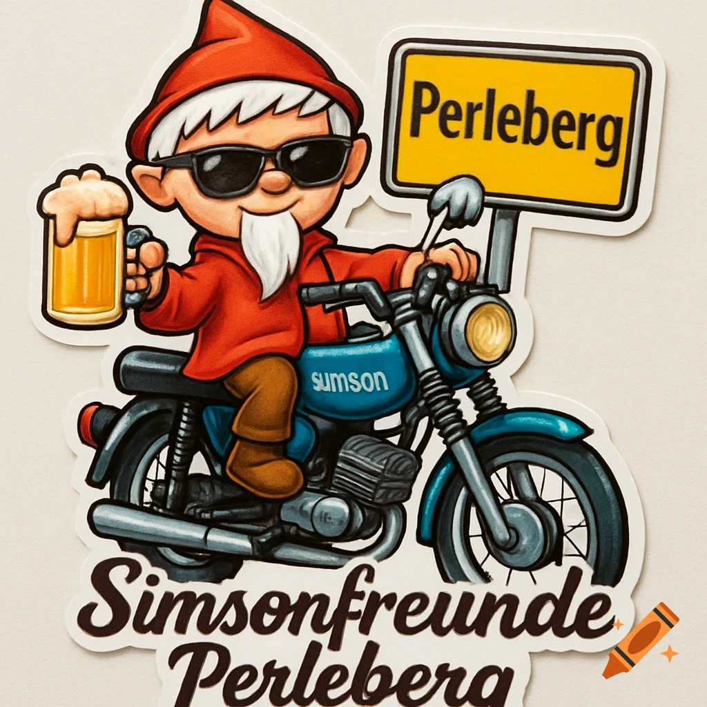 A cartoon sticker featuring a gnome in a red hat and sunglasses, holding a beer, riding a blue motorcycle next to a "Perleberg" sign, with "Simsonfreunde Perleberg" below.