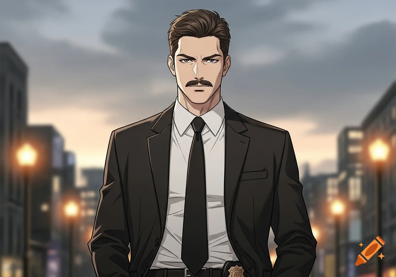 Anime drawing of a stern man with a mustache in a black suit, standing on a city street.