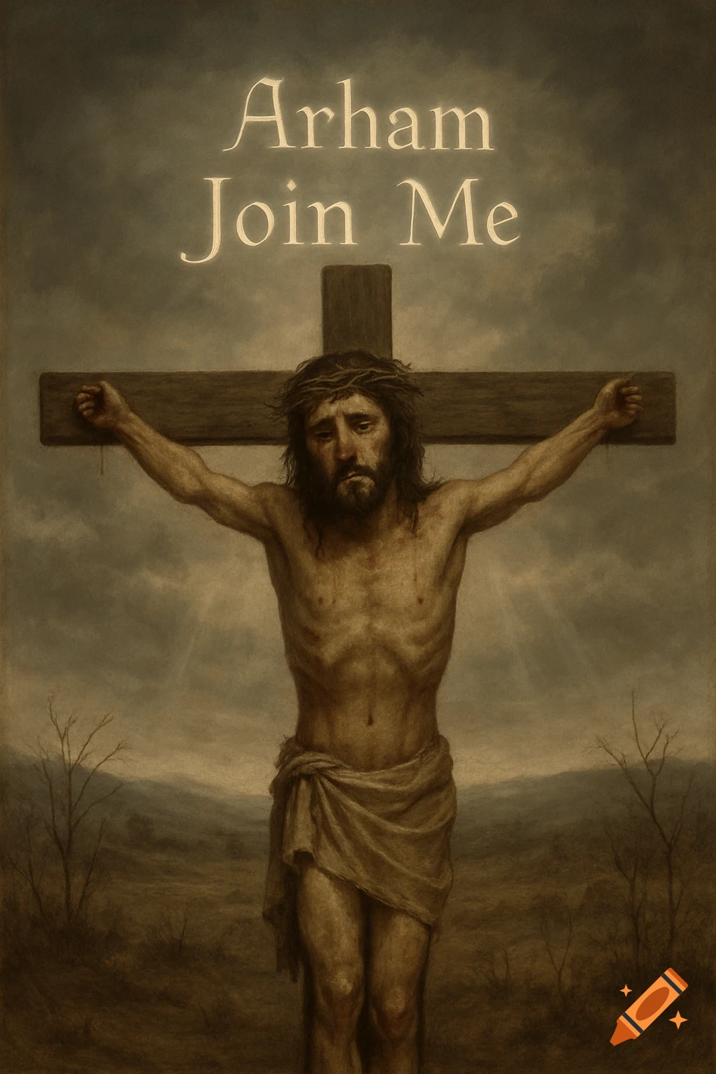 Jesus Christ crucified on a cross under a cloudy sky, with text 'Arham Join Me' above. Religious art style.