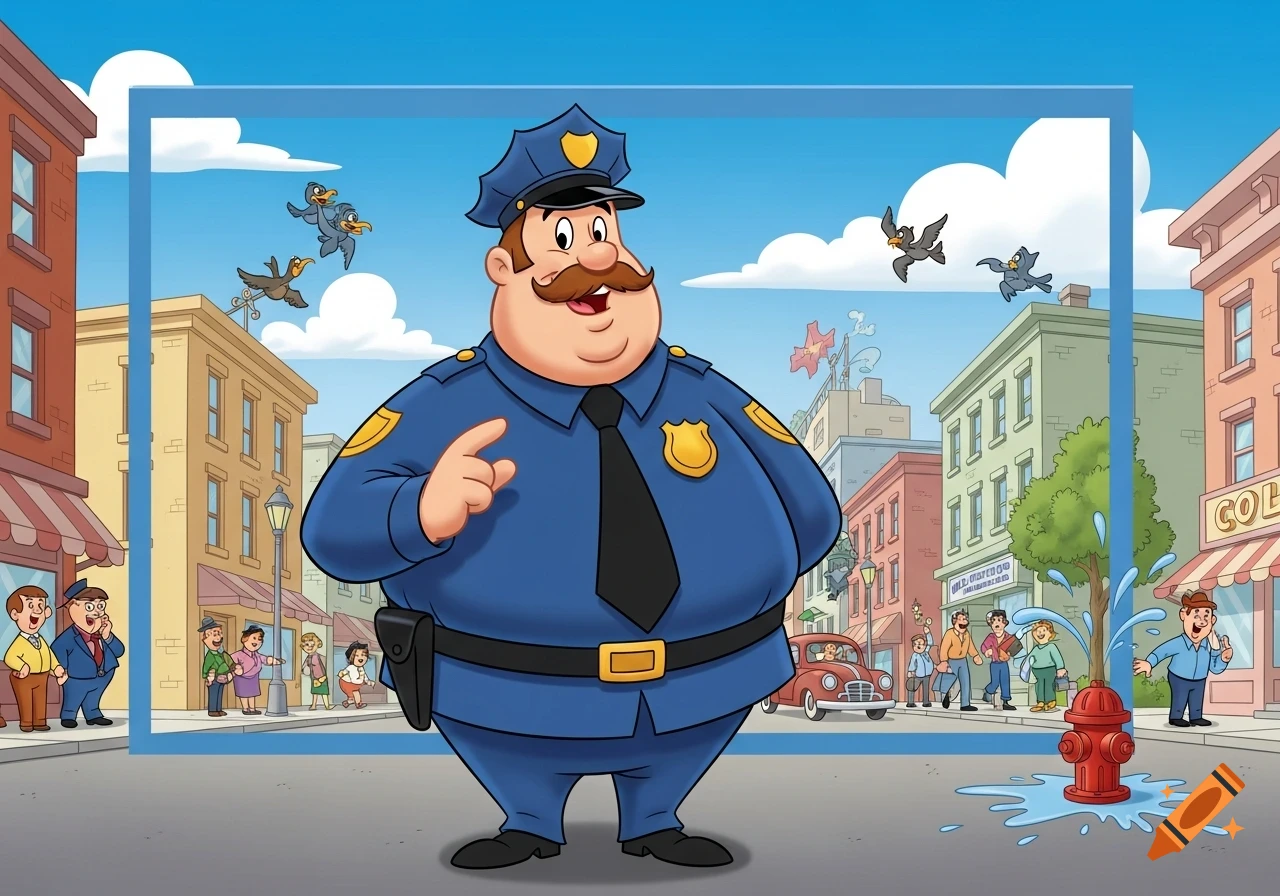 A fat Hanna-Barbera style cartoon policeman with a mustache stands in a city street, with buildings, other people, and birds in the background, and a leaking fire hydrant in the foreground.
