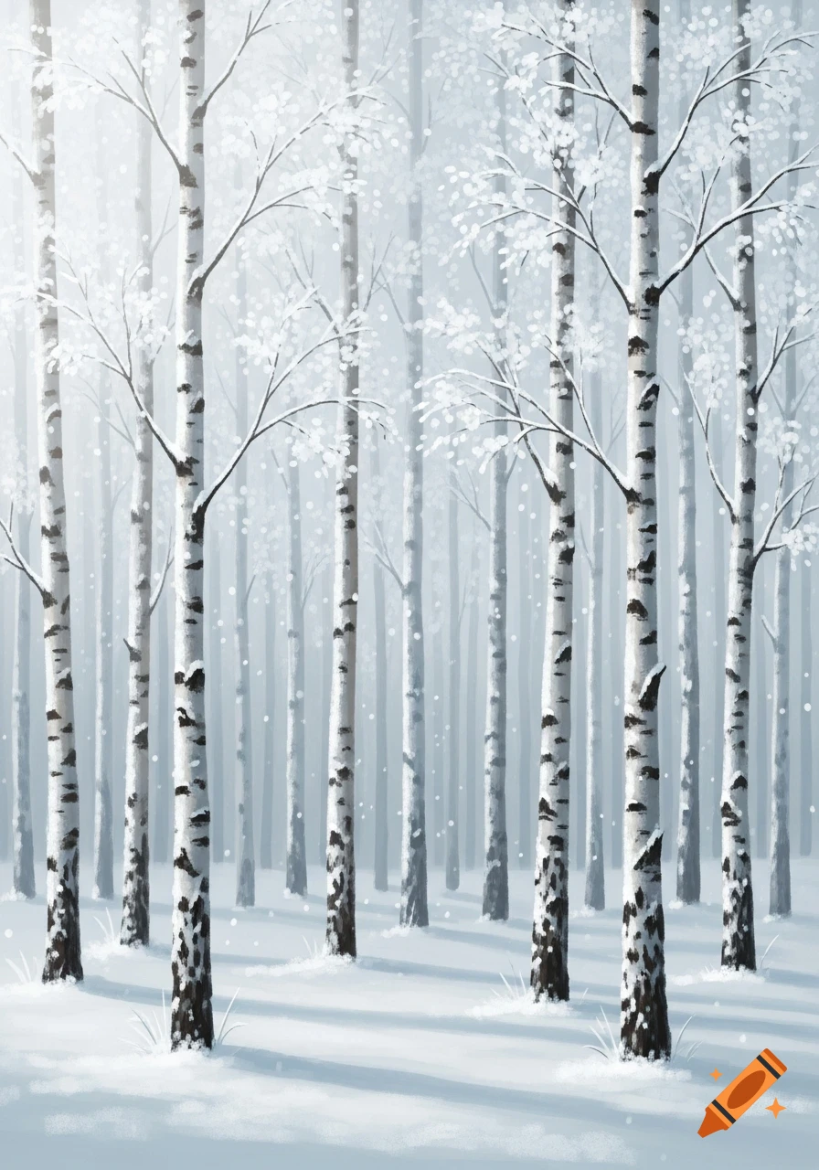 A serene winter landscape featuring a dense copse of snow-covered birch trees with light snow falling.