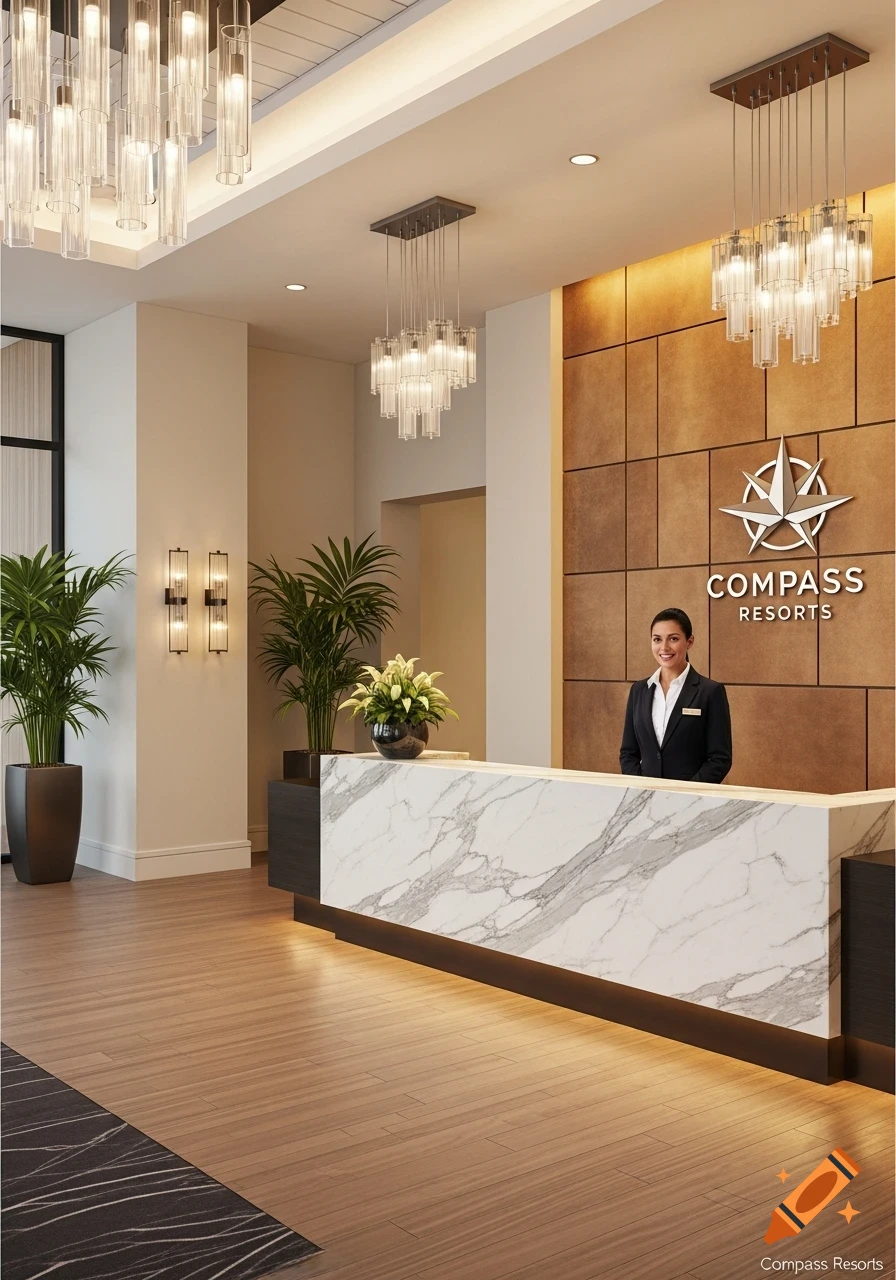 Smiling front desk agent behind a white marble counter in a modern hotel lobby with a 'Compass Resorts' logo on the wall.
