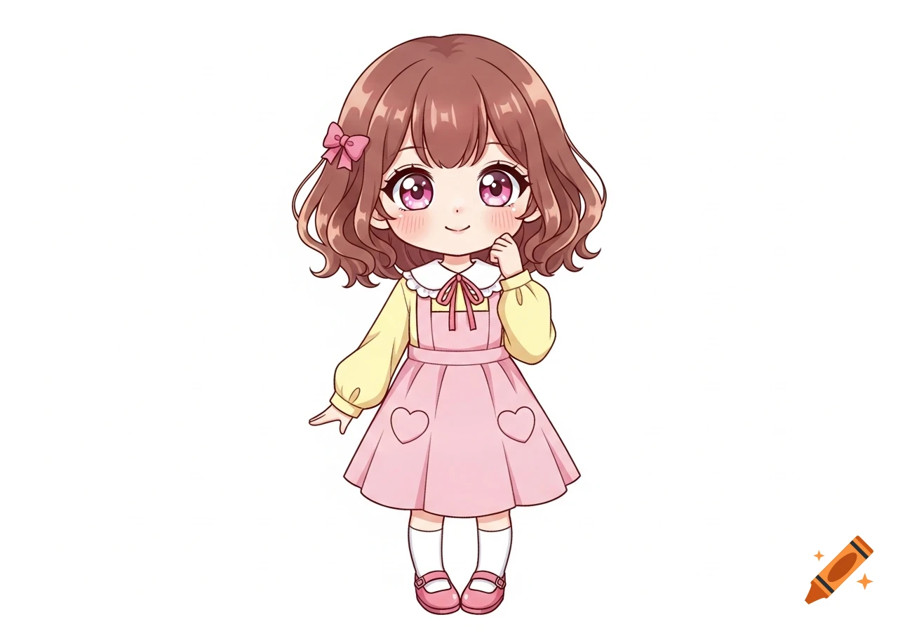 A cute 2D chibi anime girl with brown wavy hair, pink bow, and big sparkling pink eyes, wearing a yellow blouse and pink pinafore dress.