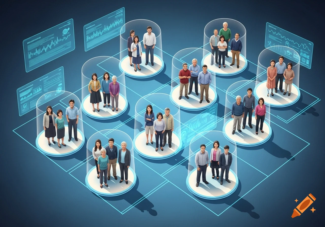 Groups of diverse people in cylinders on a glowing digital interface with data screens, symbolizing data segmentation.
