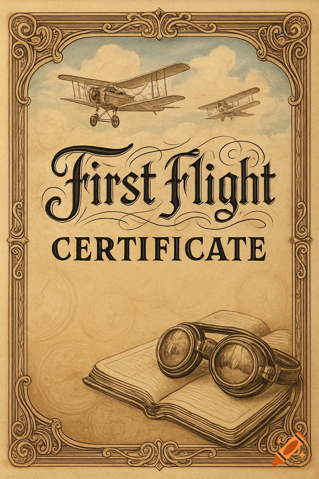 A vintage illustration of a "First Flight Certificate" with biplanes, clouds, and pilot goggles on an open book.