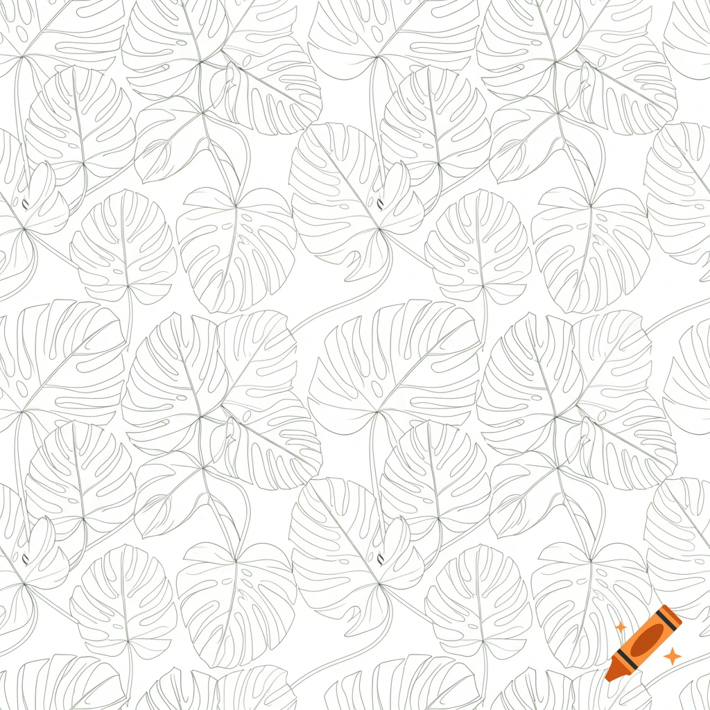 Seamless repeating pattern of minimalist sage green monstera leaf line art on a white background.