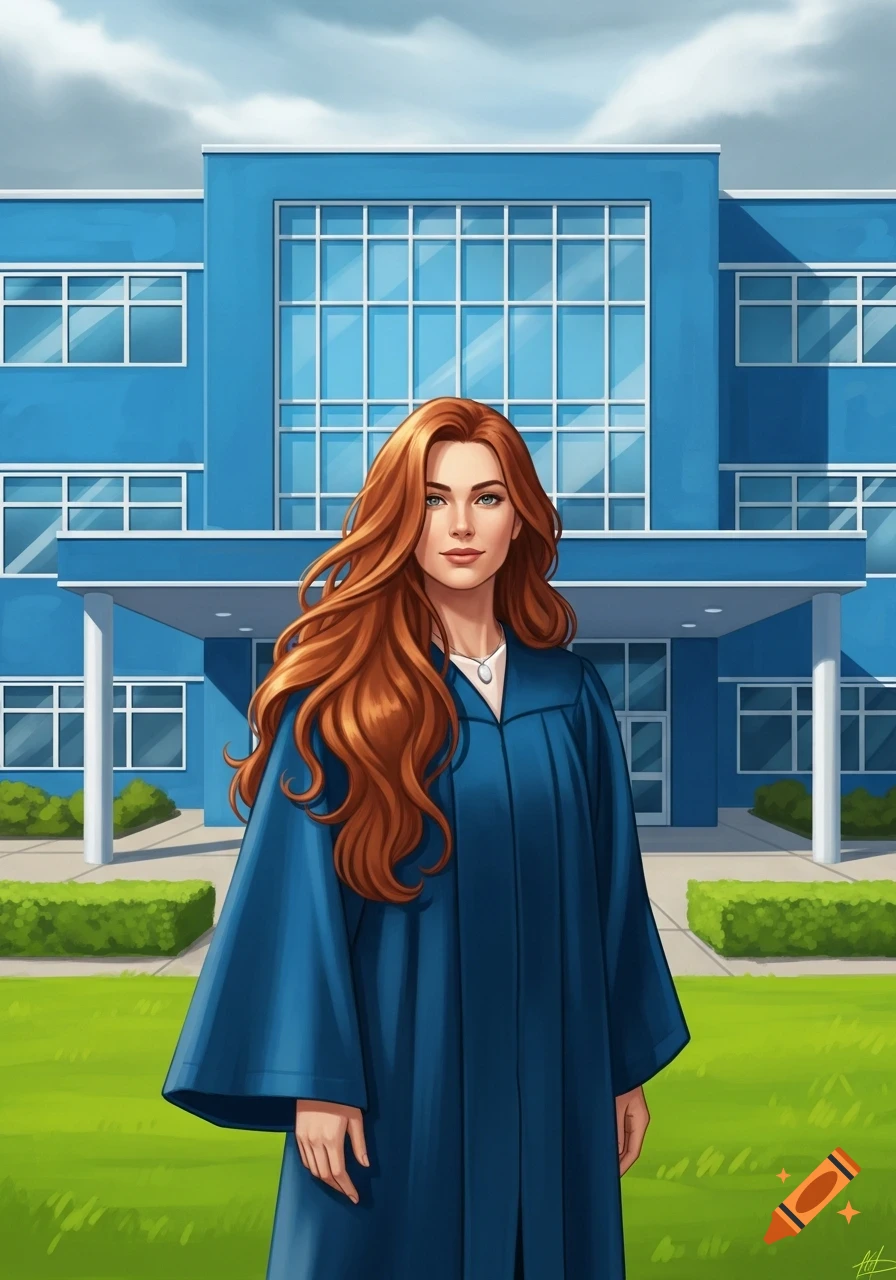 A woman with long red hair wearing a blue graduation gown stands in front of a blue school building.