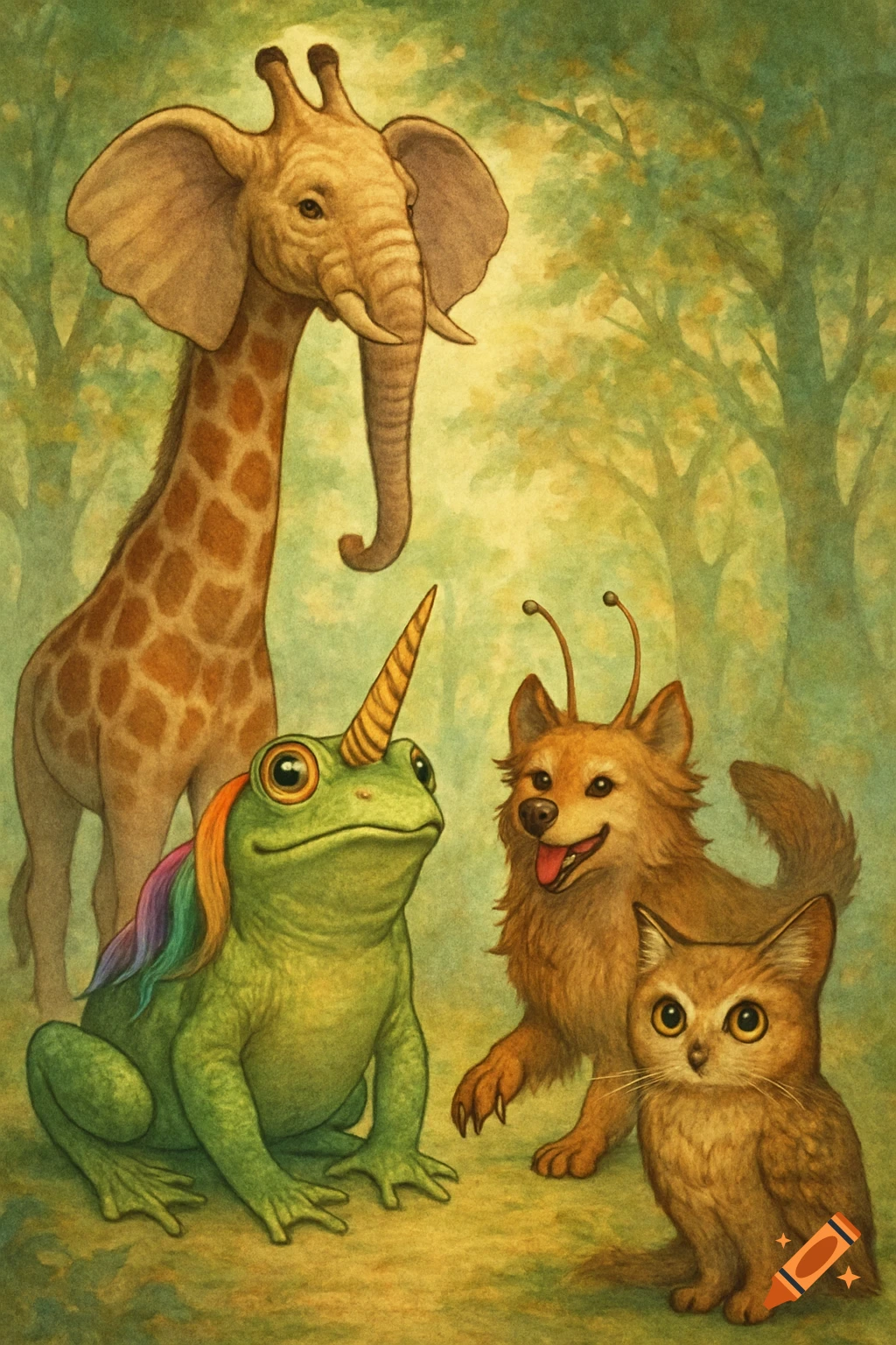 A whimsical illustration of four hybrid animals: an elephaffe, a frogicorn with rainbow hair, a dog with antennae, and an owlicat, in a forest.