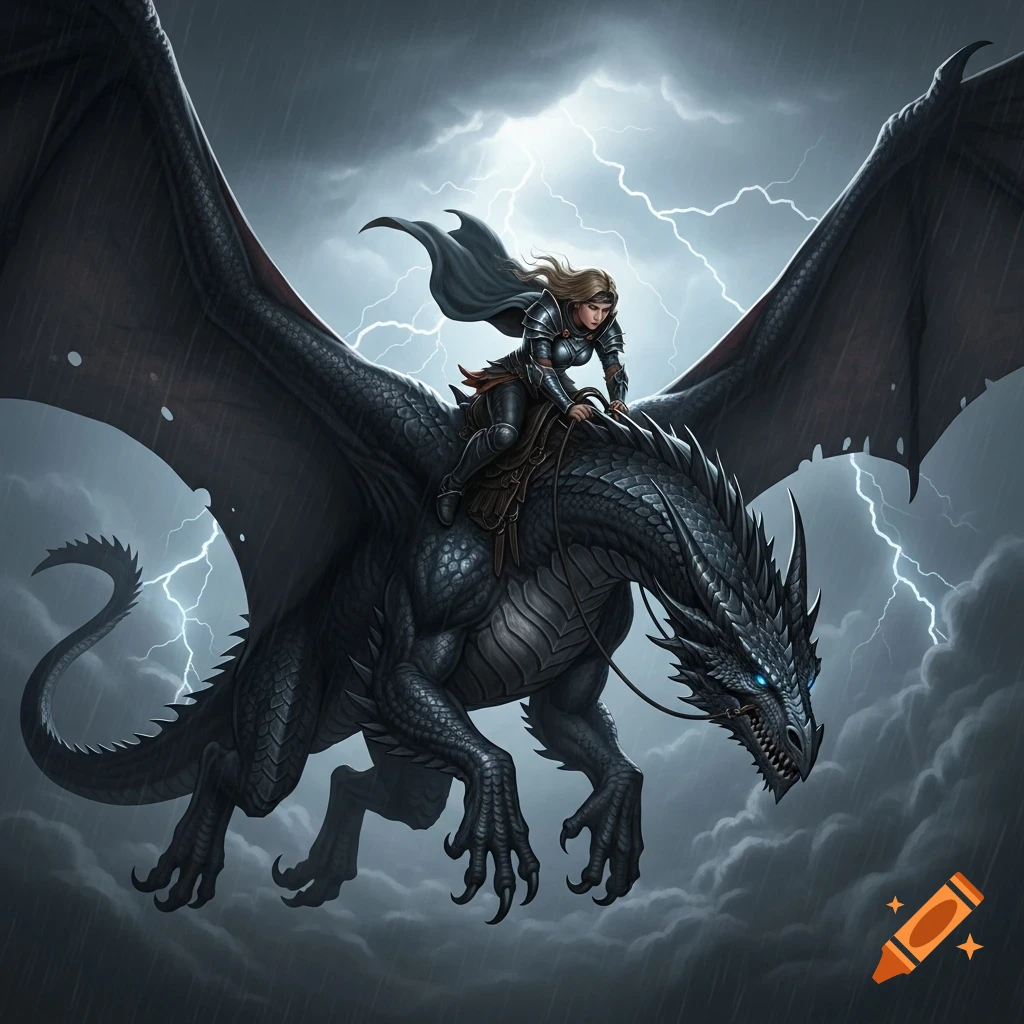 A female knight rides a large black dragon through a stormy sky filled ...