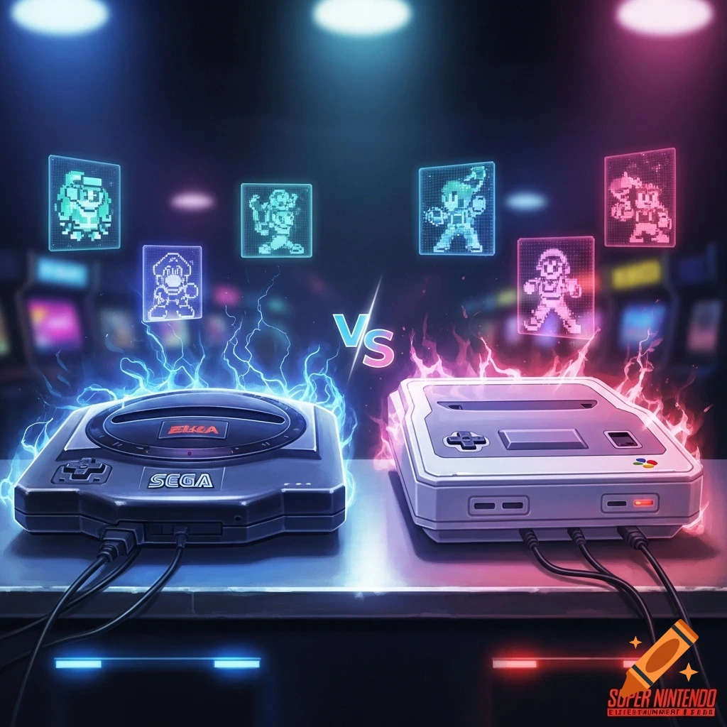 Sega Genesis and Super Nintendo consoles glow with blue electricity and red fire, respectively, under pixel art characters in a dark, neon-lit arcade setting.
