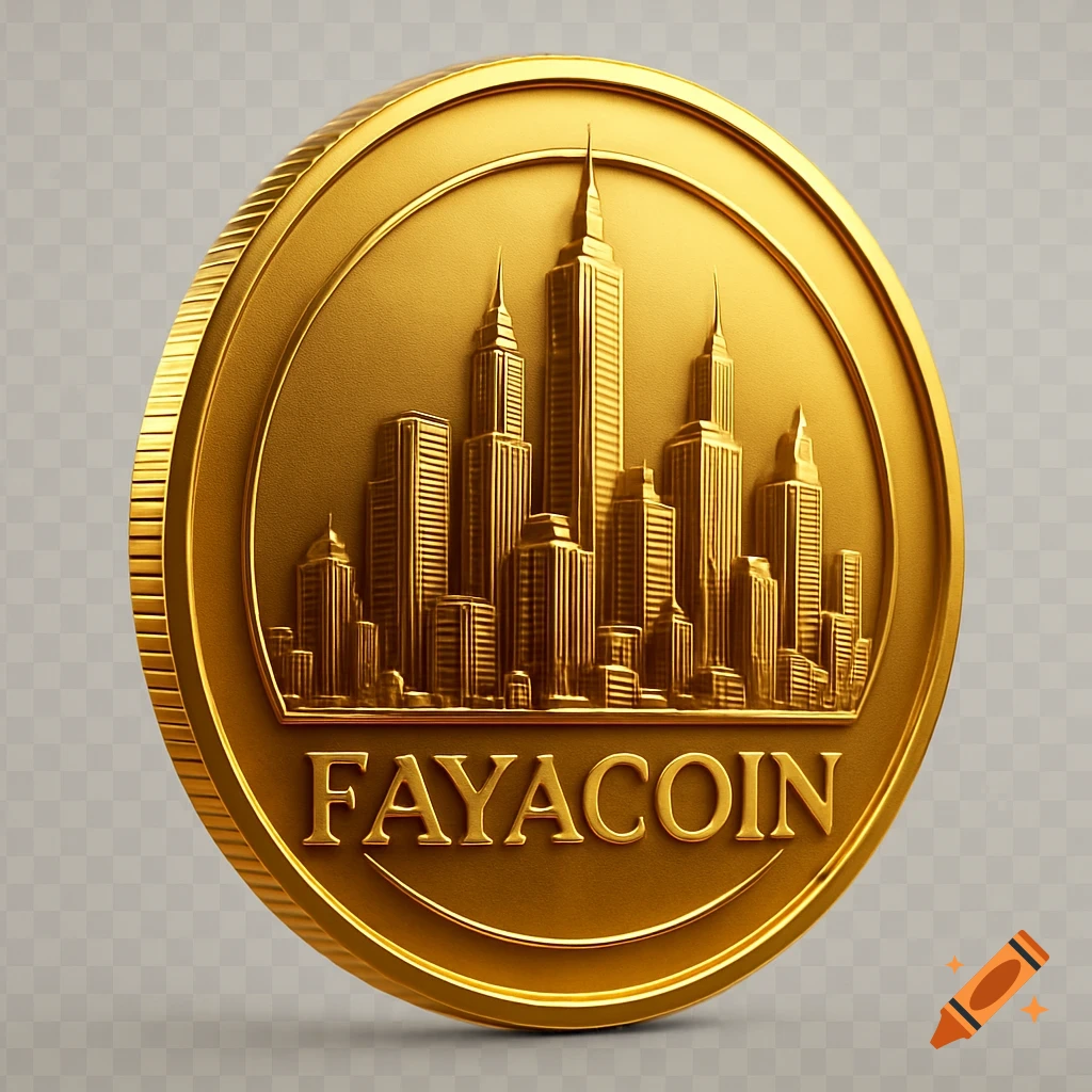 A shiny gold coin with a cityscape embossed on its face, featuring the word 'FAYACOIN' below the buildings.