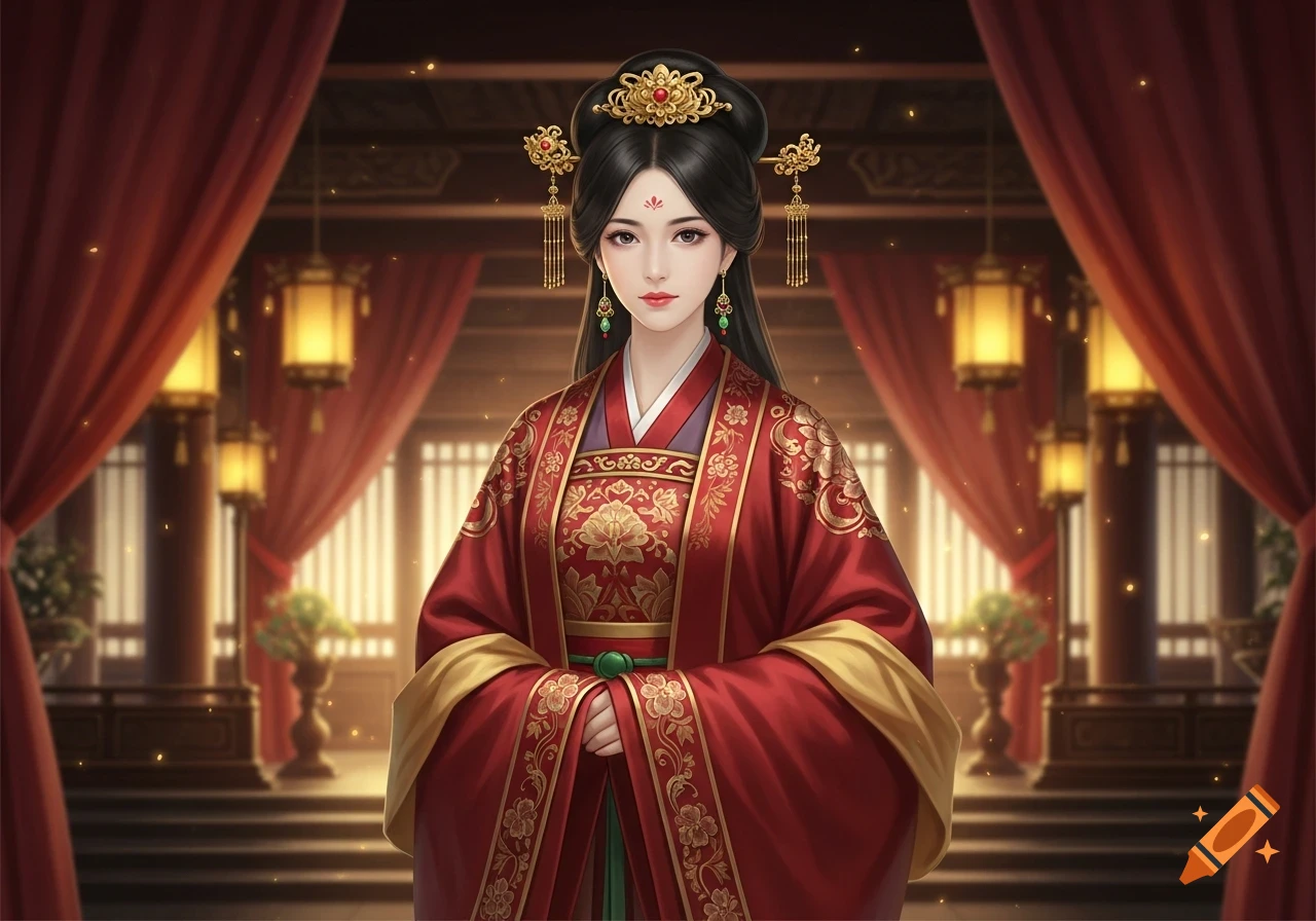 A beautiful Chinese woman in ornate red and gold royal attire stands in a grand palace with red curtains and golden lanterns.