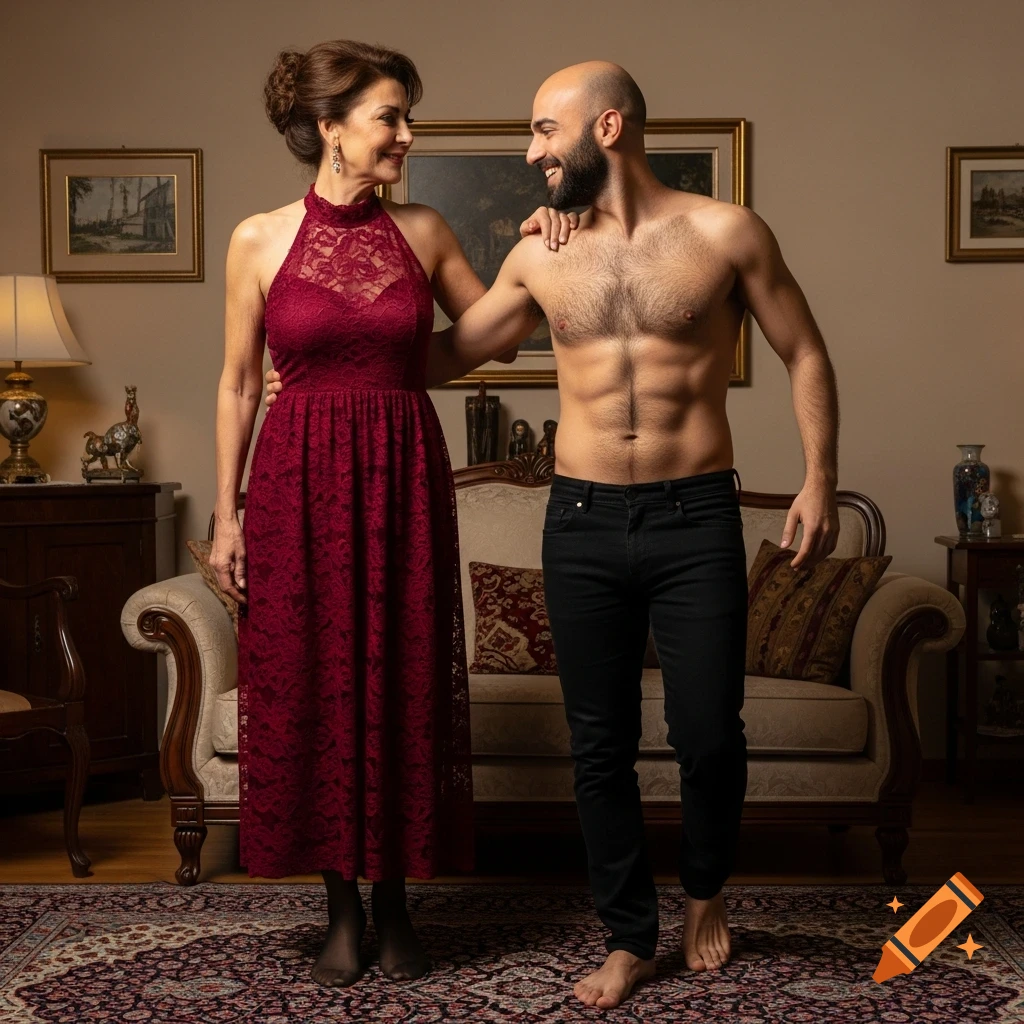 A smiling mature woman in a maroon lace dress and a shirtless young man in black jeans standing in a vintage living room.