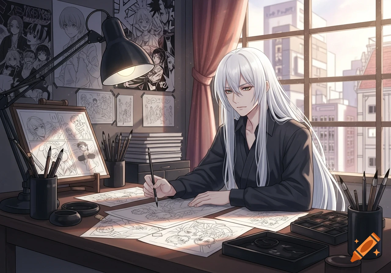 An anime artist with long white hair sits at a desk drawing manga panels, surrounded by art supplies and posters in a sunlit studio.