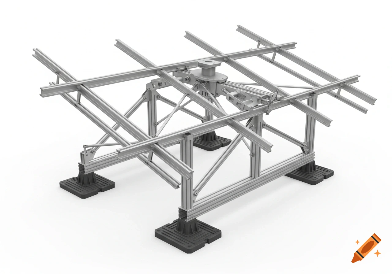 A detailed 3D render of a modular, pre-assembled solar panel mounting structure made of aluminum and steel, on a white background.