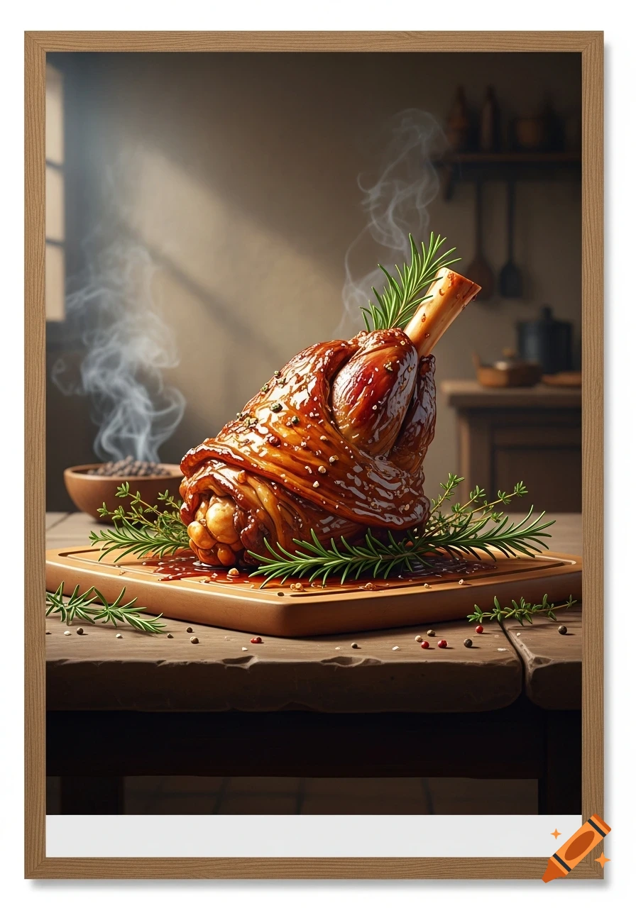 Steaming slow-roasted lamb shank on a wooden board, garnished with rosemary and peppercorns in a photorealistic kitchen scene.