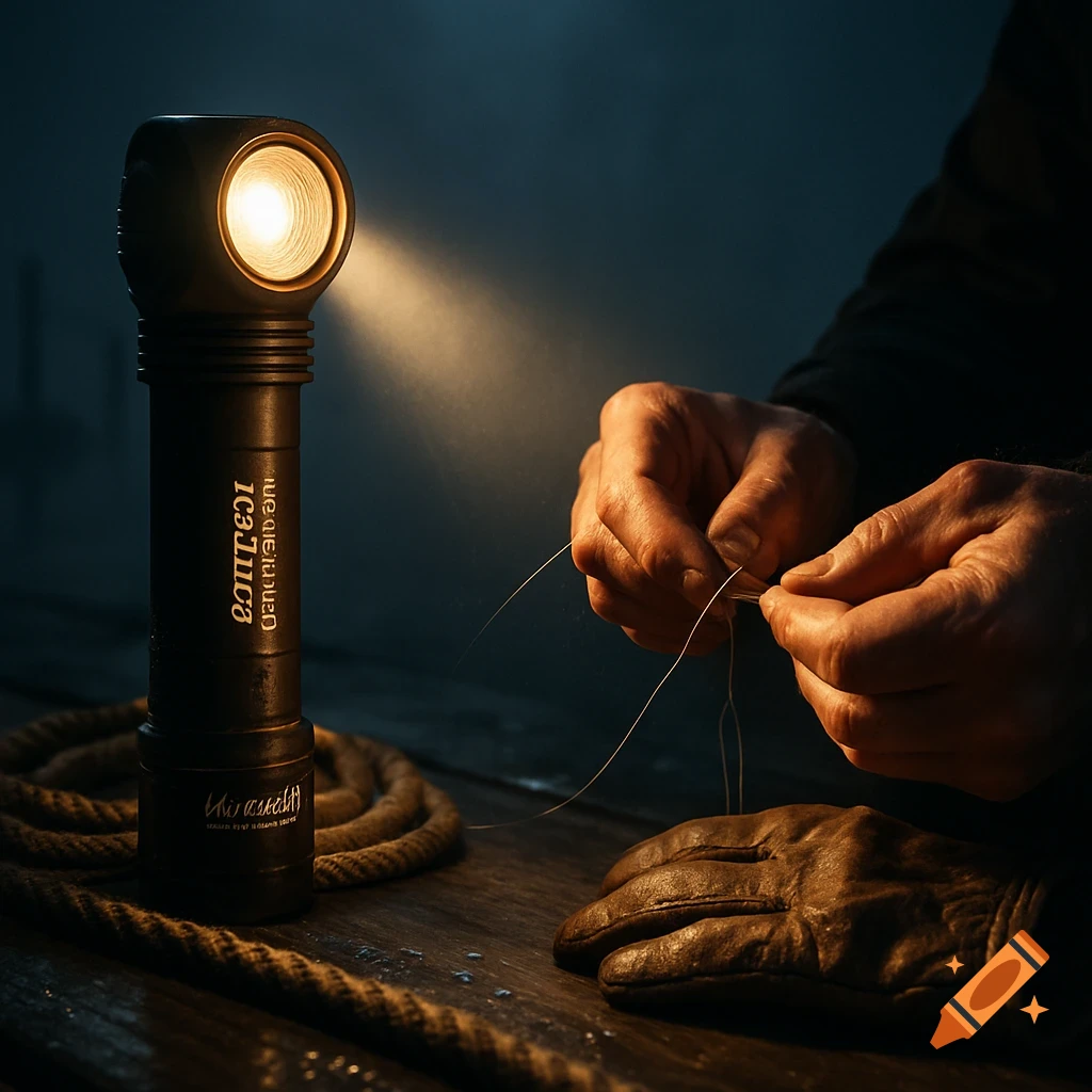 A photorealistic, cinematic image of a glowing flashlight illuminating hands tying a fishing knot on a wet wooden surface, with a rope and glove nearby.