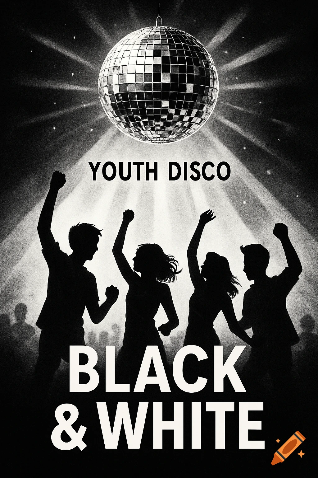 Black and white poster for a youth disco featuring a disco ball with light rays and dancing silhouettes.