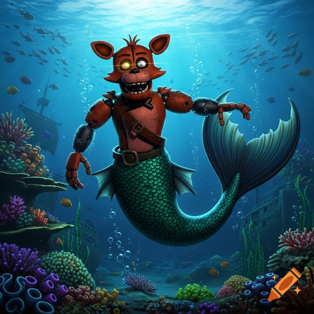 Foxy from FNAF as a merman swims in a vibrant underwater scene with coral reefs and shipwrecks.