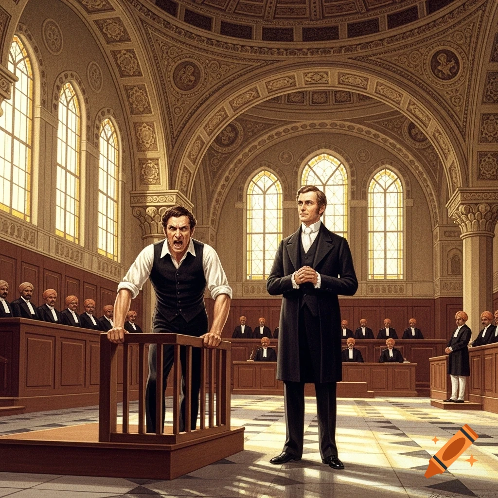 In a classical illustration style, two European men are in a grand Indian courtroom. One man, standing on a witness stand, yells angrily while another man stands calmly by, hands clasped. Judges in turbans sit in the background.