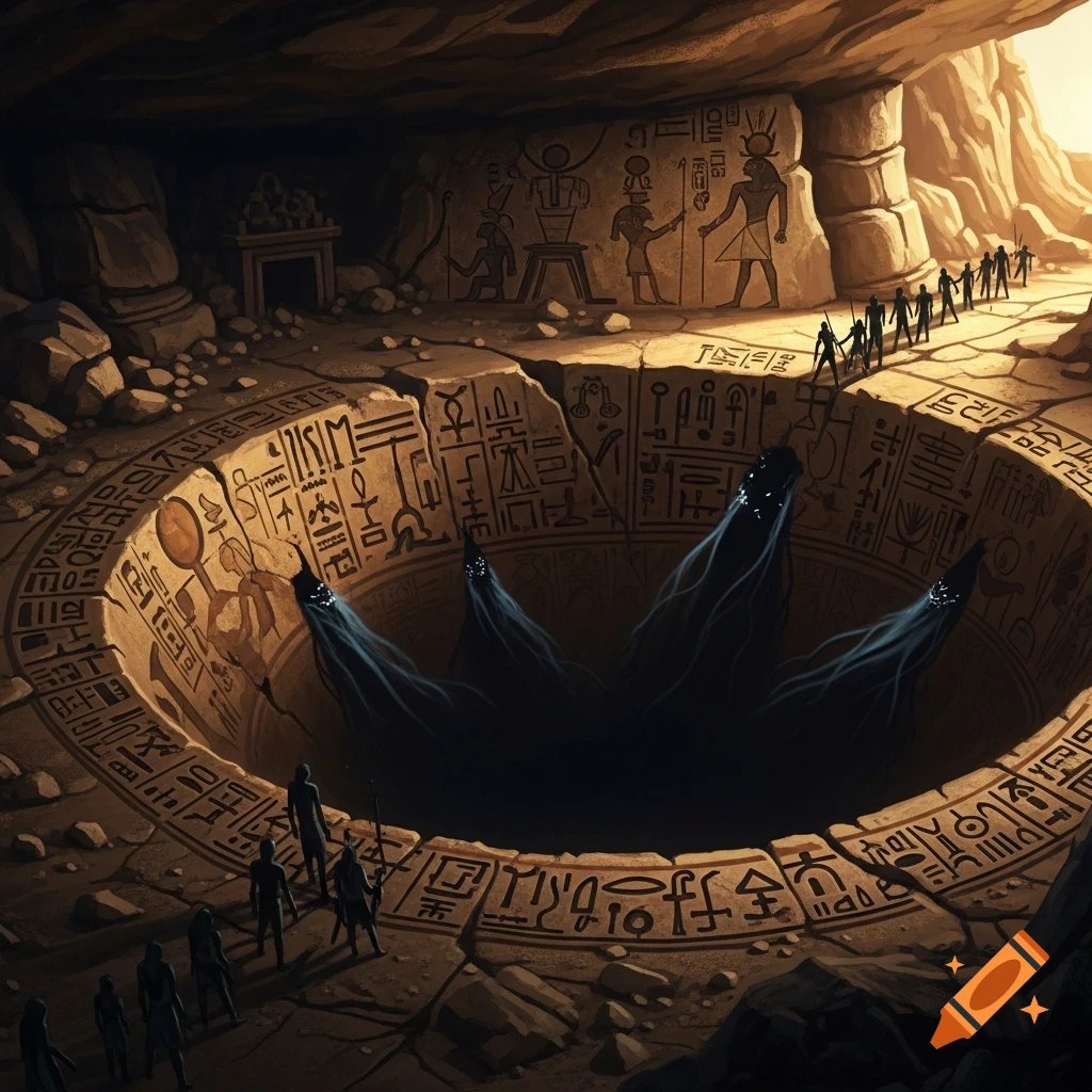 Ancient cave with hieroglyphs and a deep crater, from which dark, wispy figures emerge. Silhouetted people stand nearby.