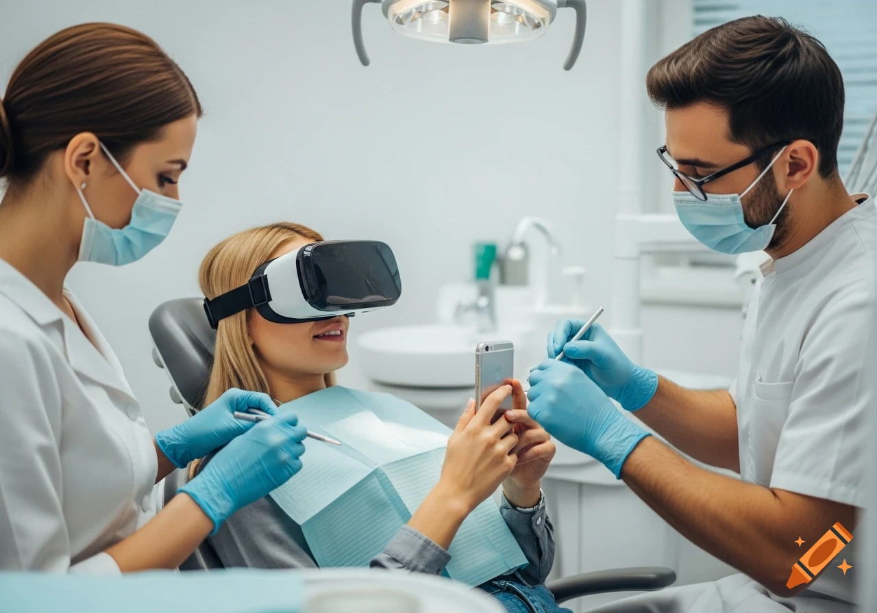 A blonde woman in a dental chair wears VR goggles and holds a smartphone while a dentist and assistant prepare for a cleaning. Photorealistic.