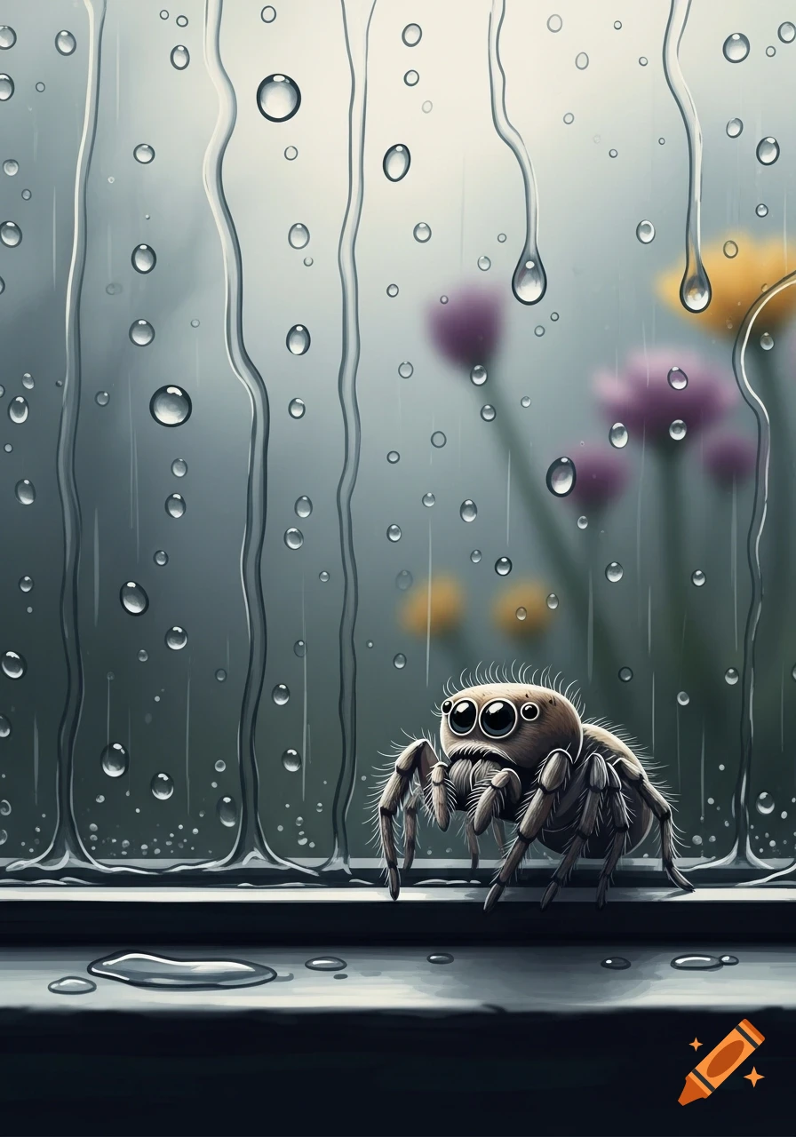 A cute, cartoon jumping spider sits on a wet window sill, gazing out at blurry flowers and raindrops on the glass.