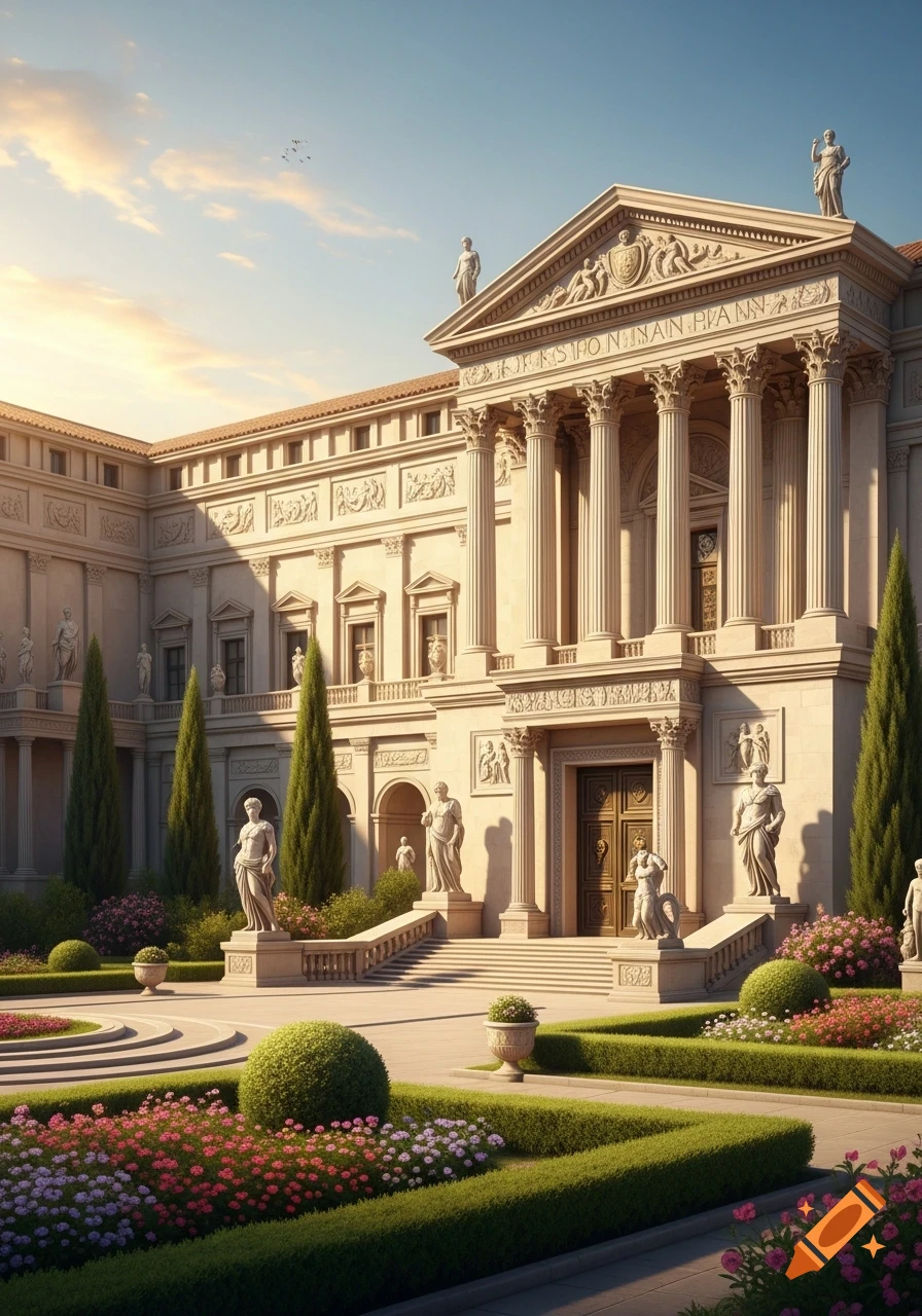 Grand Roman-style palace with columns, statues, and ornate gardens under a bright sky, photorealistic.