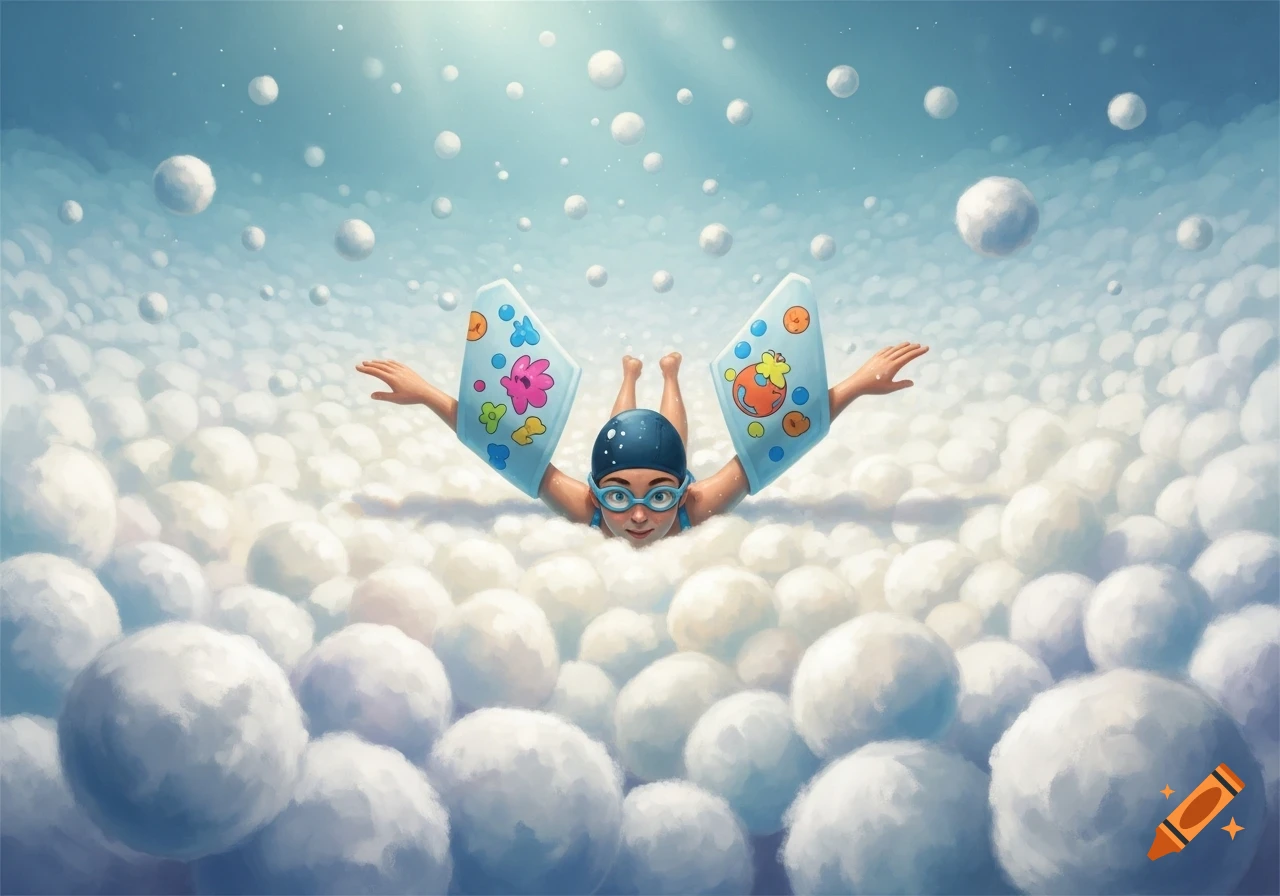 A smiling child in a blue swim cap and goggles, wearing arm floaties, floats face up in a soft white ball pit.
