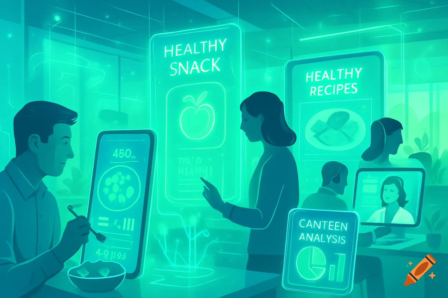 An illustration in teal and green shows people interacting with futuristic transparent screens displaying health and nutrition information, like 'HEALTHY SNACK' and 'CANTEEN ANALYSIS'.