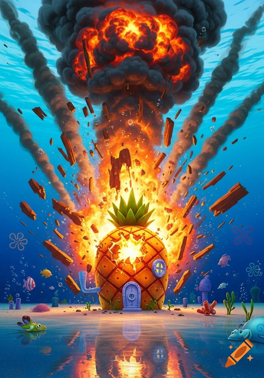 SpongeBob's pineapple house explodes underwater, with flames, smoke, and debris rising.