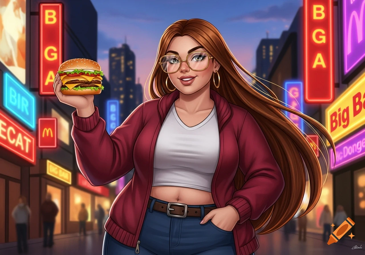 A cartoon woman with long brown hair, glasses, and a red jacket holds a hamburger in a vibrant city at night with neon signs.