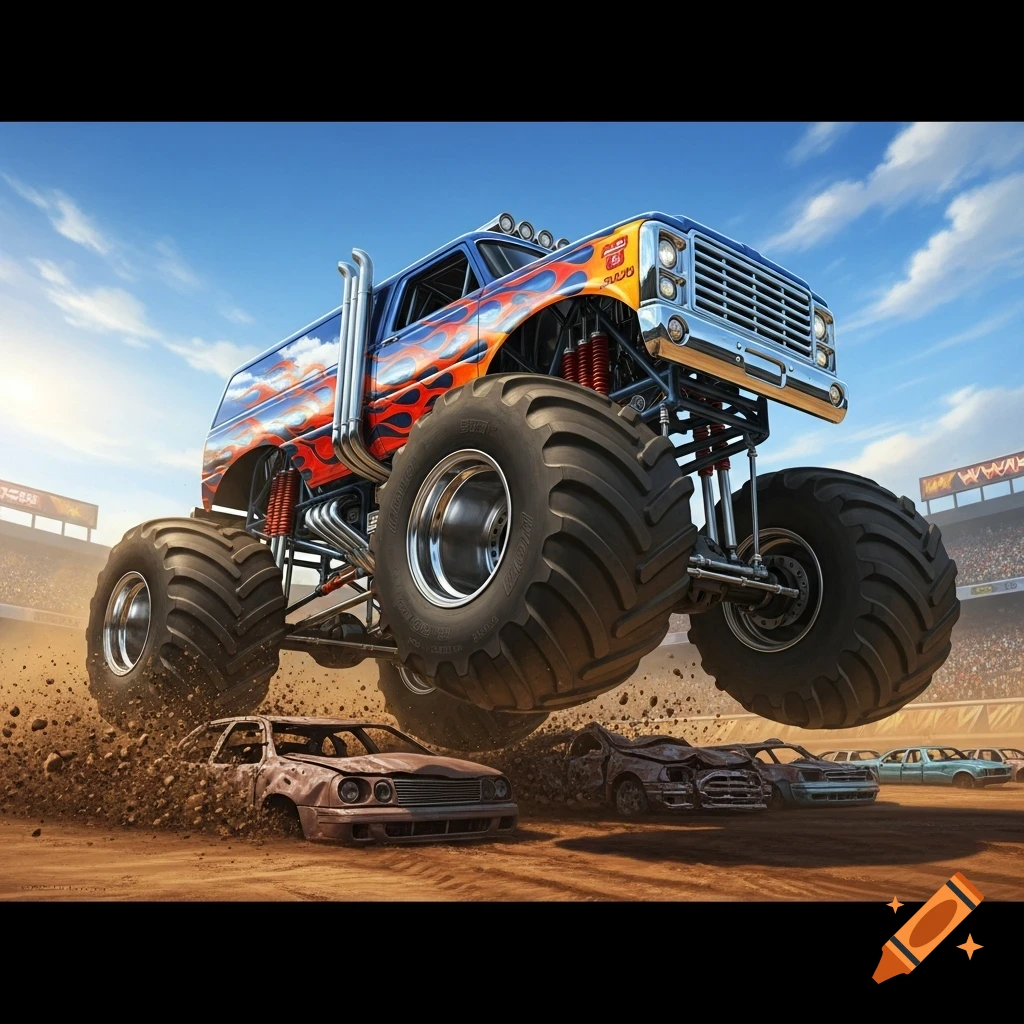 A large blue monster truck with orange flames painted on its side jumps over several crushed cars in a dirt arena, under a bright blue sky.