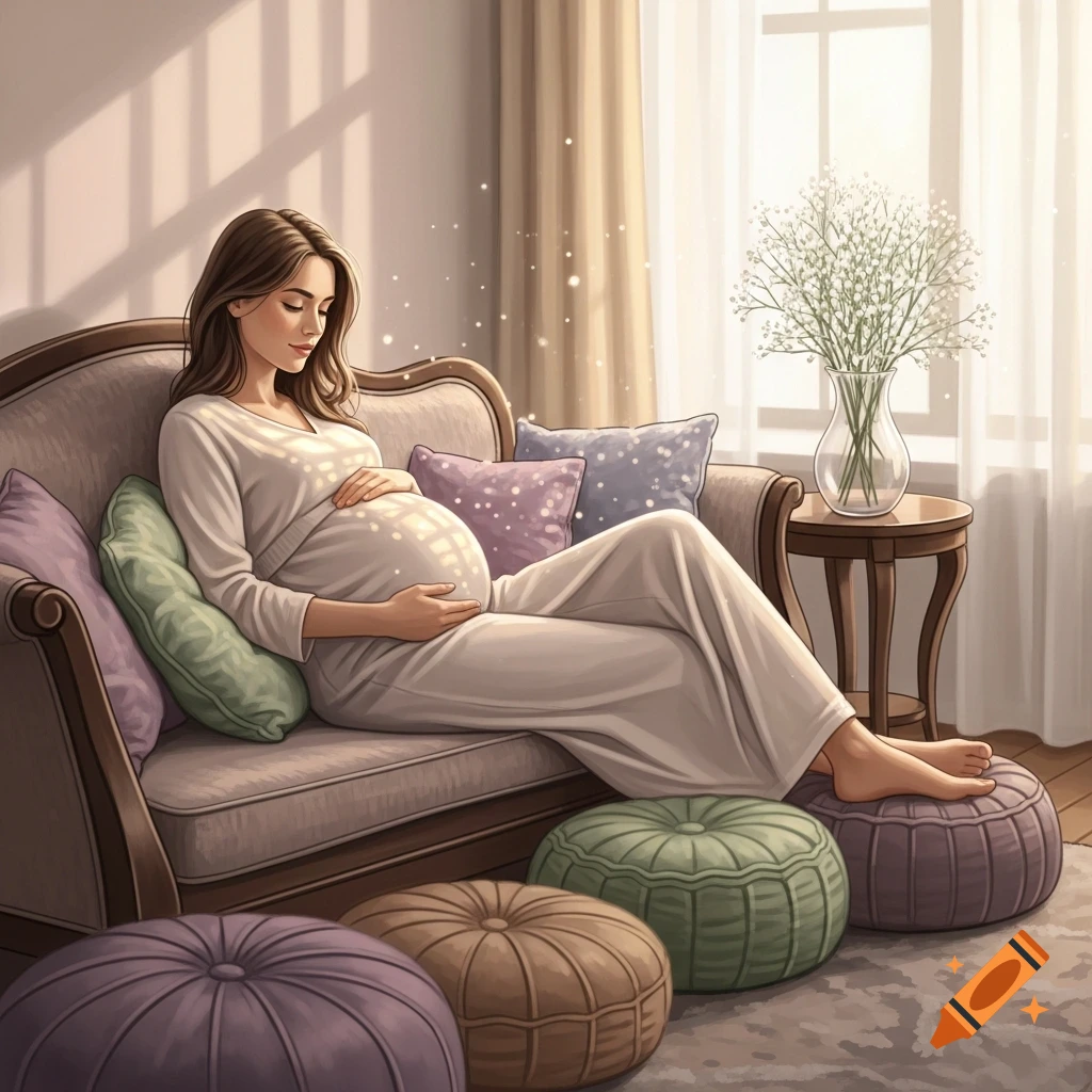 A serene pregnant woman in white loungewear sits on a couch, gently holding her belly in a sunlit room, illustration style.