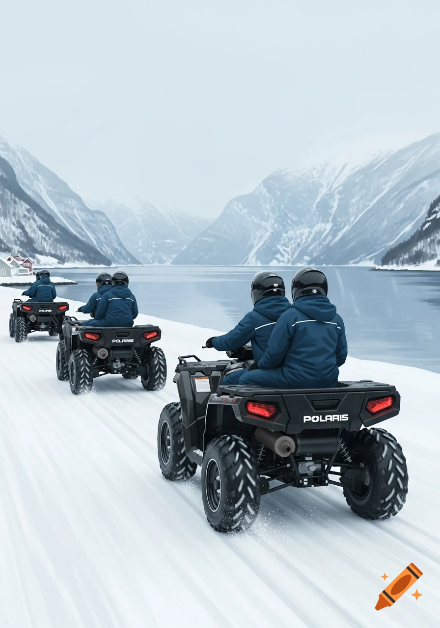 A group of people riding black Polaris quad bikes on a snowy road beside a calm fjord with snow-capped mountains in the background.