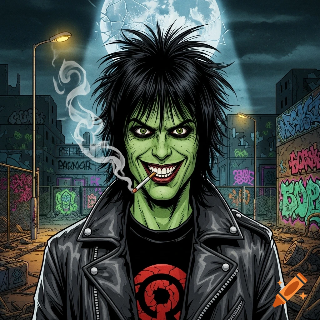 A green-skinned punk rock character with spiky black hair, wearing a leather jacket and smoking a cigarette, smiles in an urban alleyway with graffiti and a full moon.